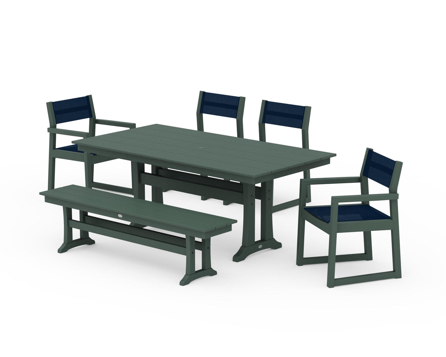 POLYWOOD EDGE Sling 6-Piece Farmhouse Dining Set With Trestle Legs — Green / Navy Blue Sling