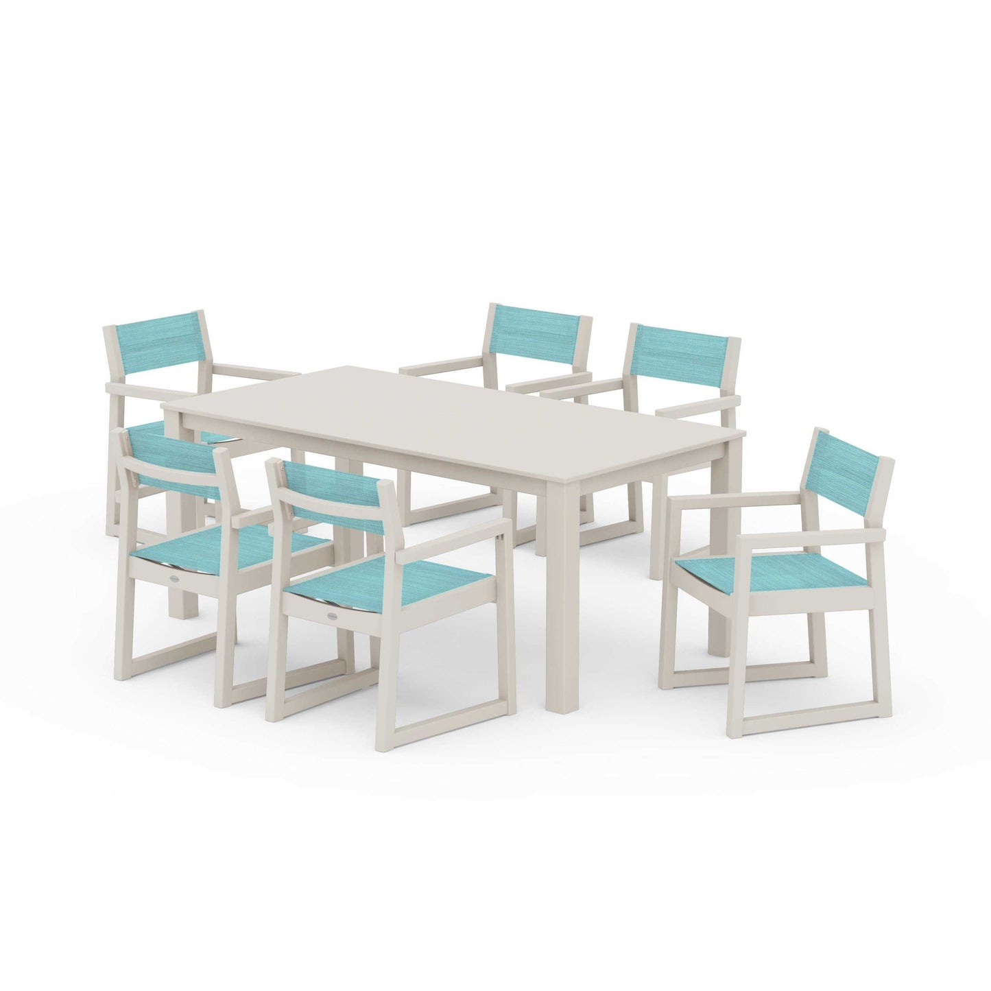 POLYWOOD EDGE Sling Arm Chair 7-Piece Parsons Dining Set — Sand / Dupioni Aquamarine Sling