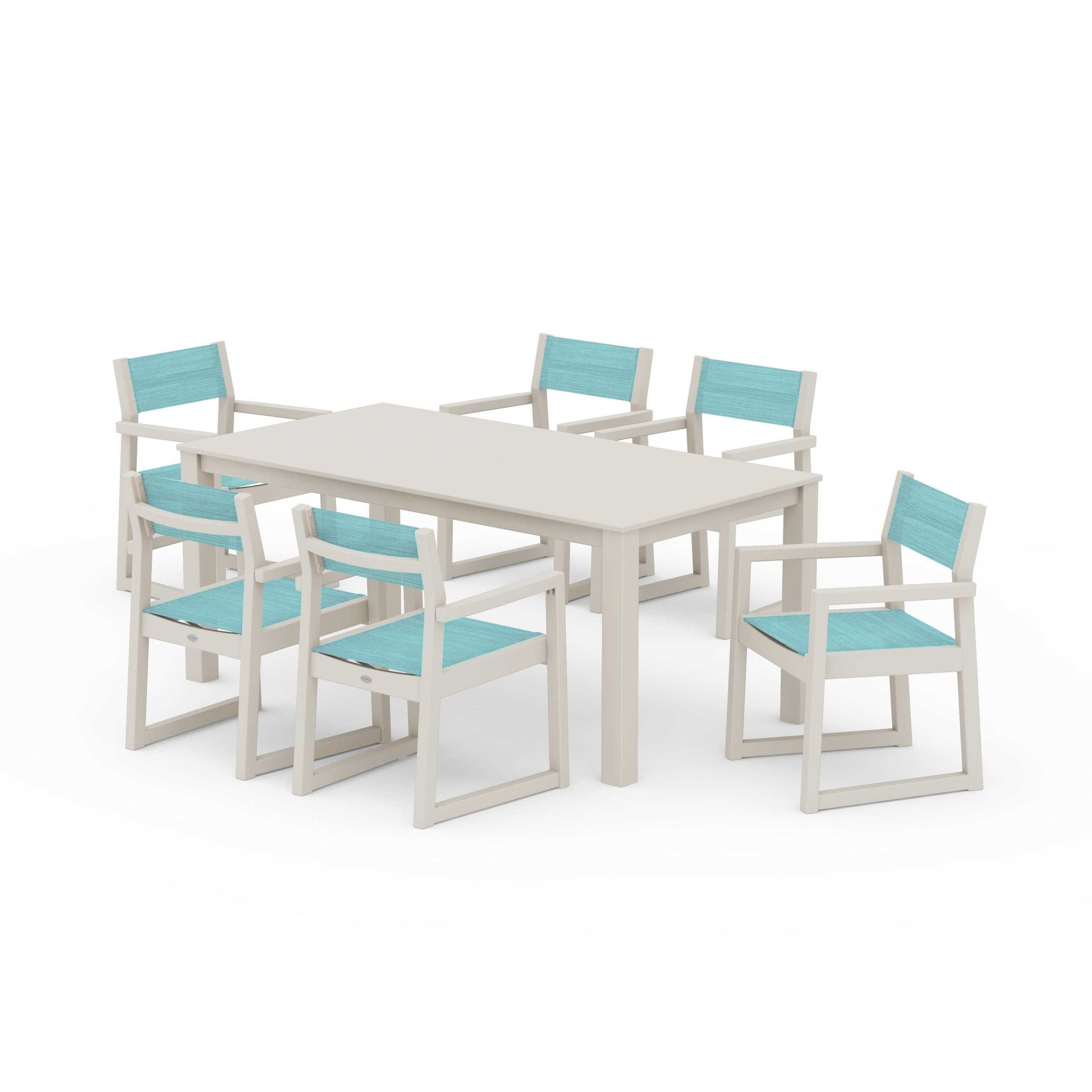 POLYWOOD EDGE Sling Arm Chair 7-Piece Parsons Dining Set — Sand / Dupioni Aquamarine Sling
