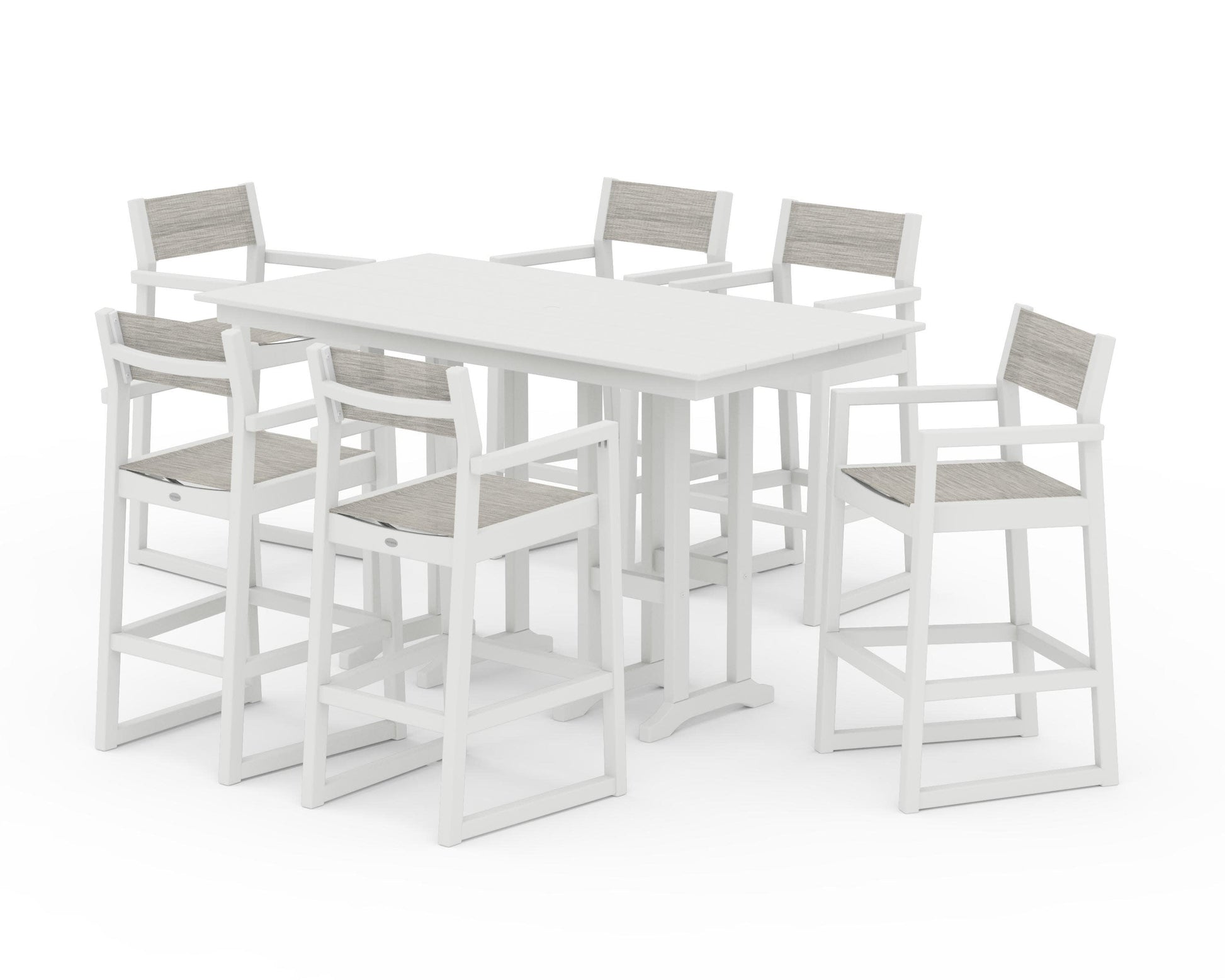 POLYWOOD EDGE Sling Arm Chair 7-Piece Farmhouse Bar Set — Vintage White / Birch Sling