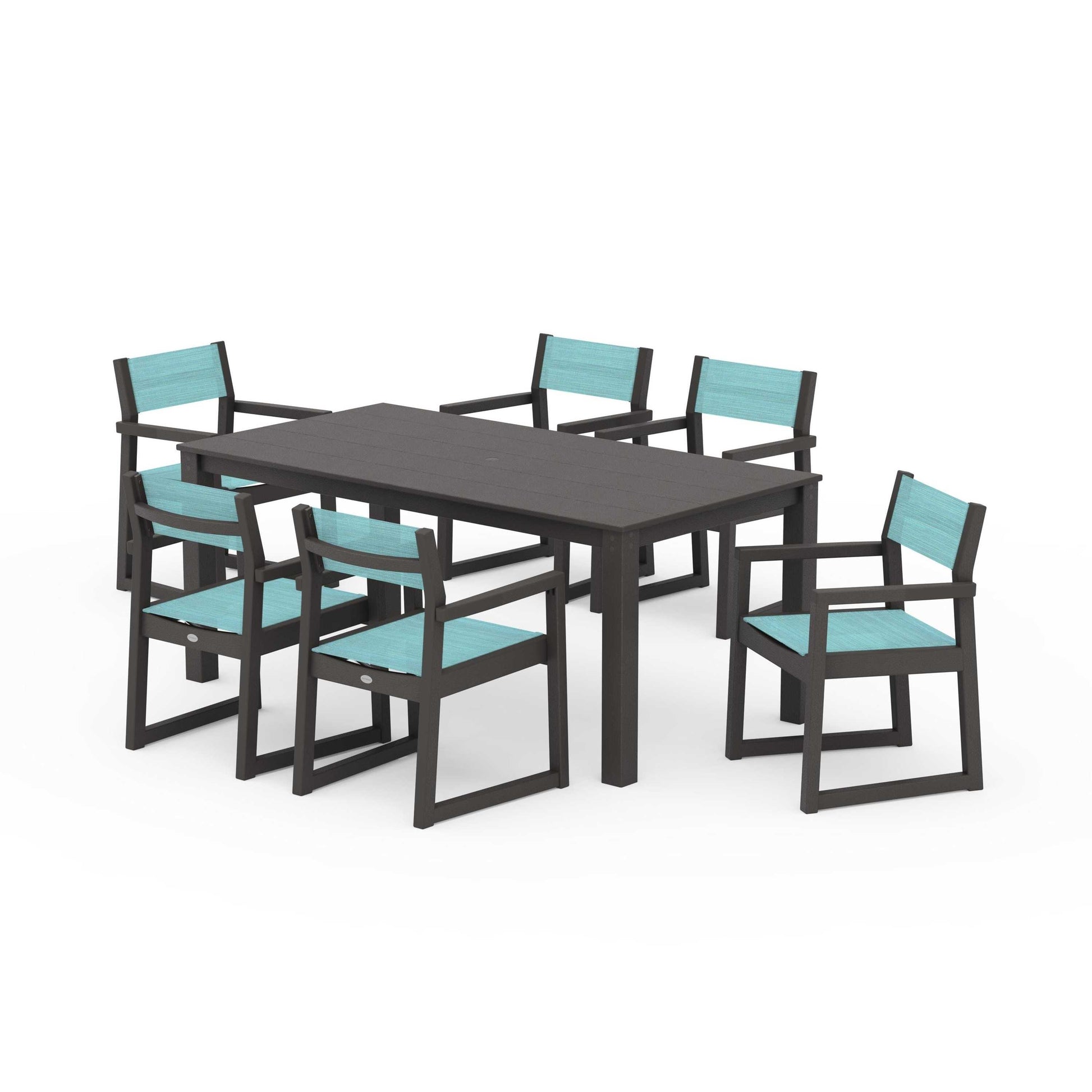 POLYWOOD EDGE Sling Arm Chair 7-Piece Parsons Dining Set — Vintage Coffee / Dupioni Aquamarine Sling