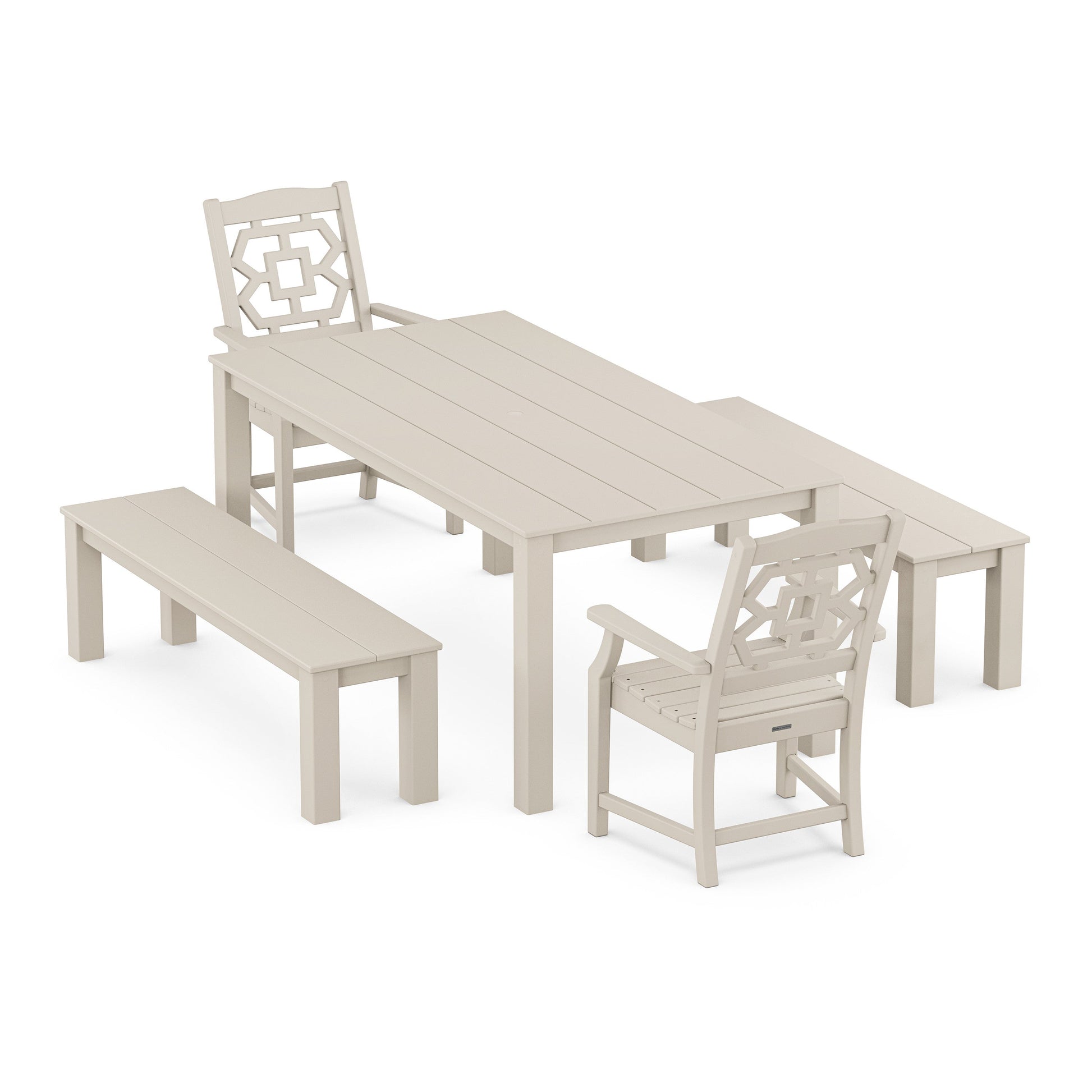 POLYWOOD Chinoiserie 5-Piece Parsons Dining Set with Benches — Sand