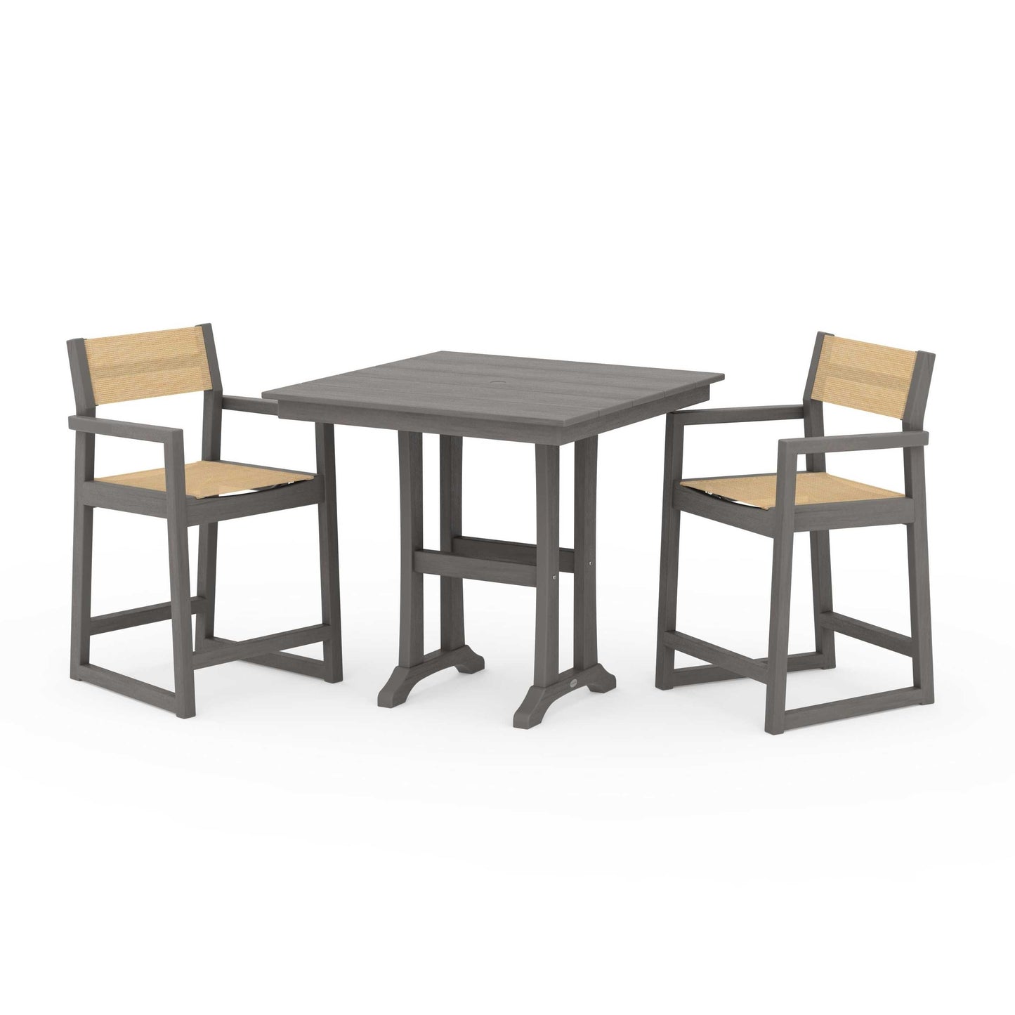 POLYWOOD EDGE Sling Arm Chair 3-Piece Farmhouse Counter Set with Trestle Legs — Driftwood / Dupioni Apricot Sling