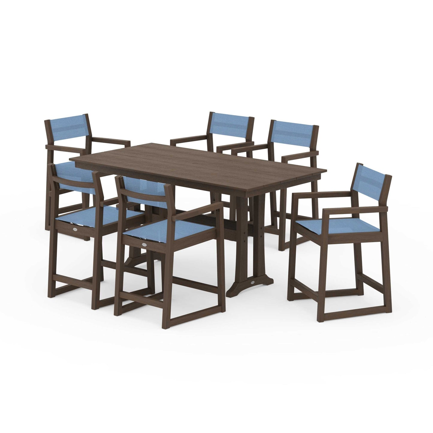 POLYWOOD EDGE Sling Arm Chair 7-Piece Farmhouse Counter Set with Trestle Legs — Kona / Poolside Sling