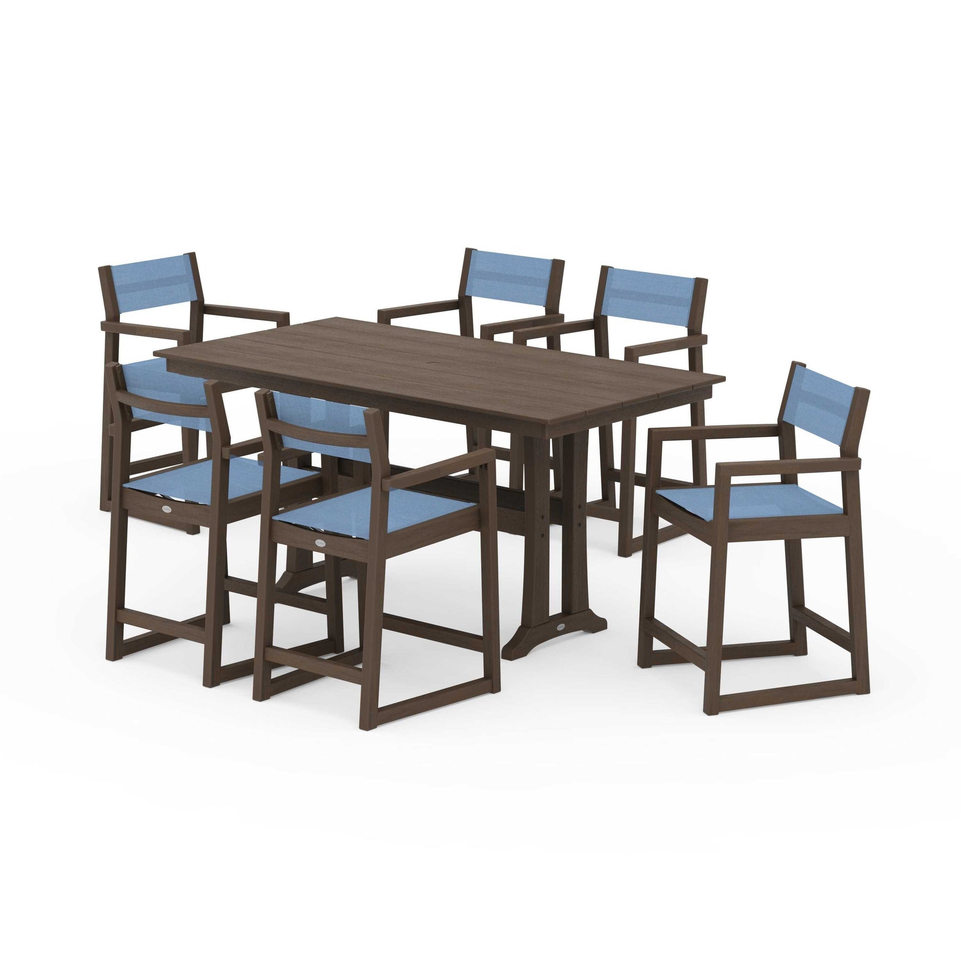 POLYWOOD EDGE Sling Arm Chair 7-Piece Farmhouse Counter Set with Trestle Legs — Kona / Poolside Sling