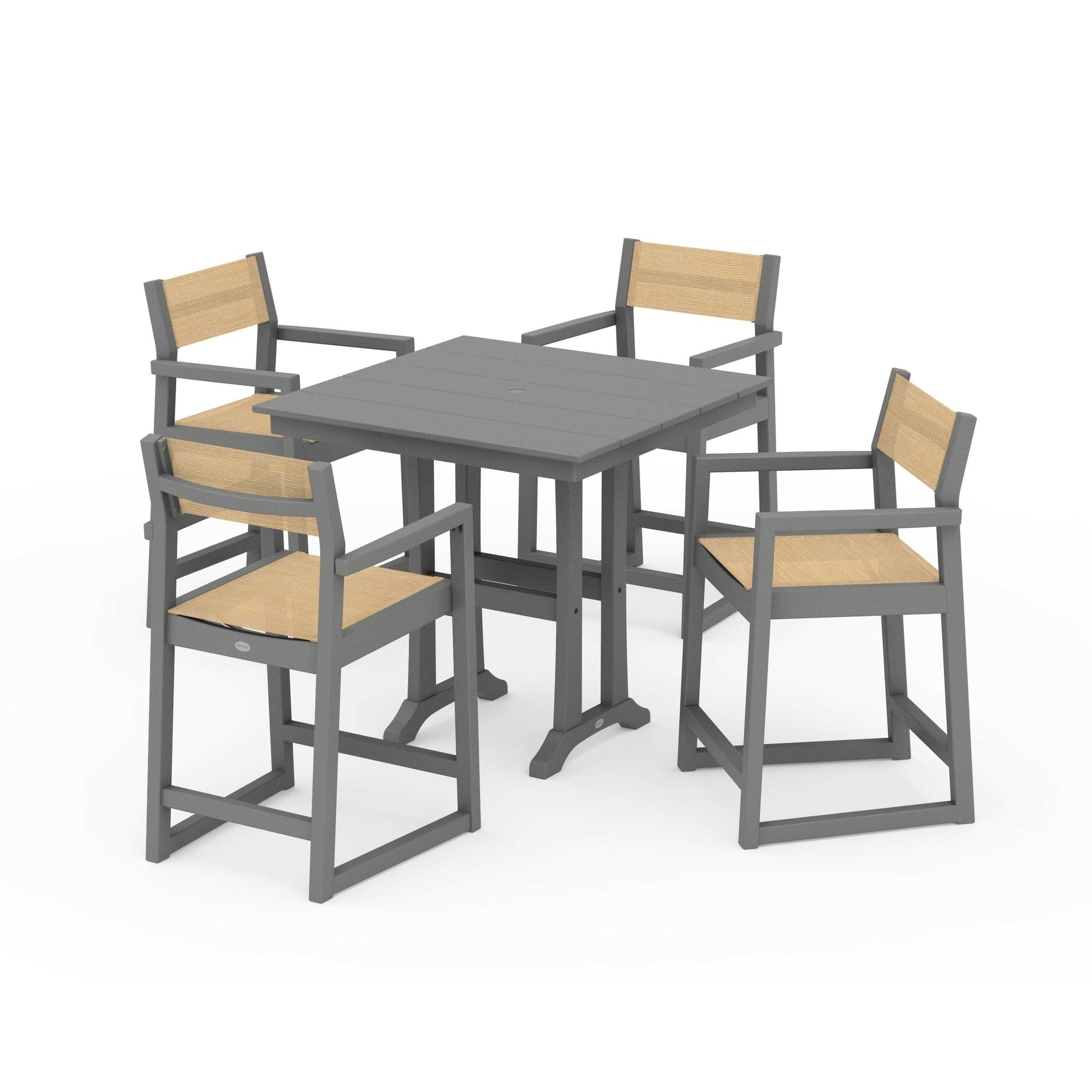 POLYWOOD EDGE Sling Arm Chair 5-Piece Farmhouse Counter Set with Trestle Legs — Slate Grey / Dupioni Apricot Sling