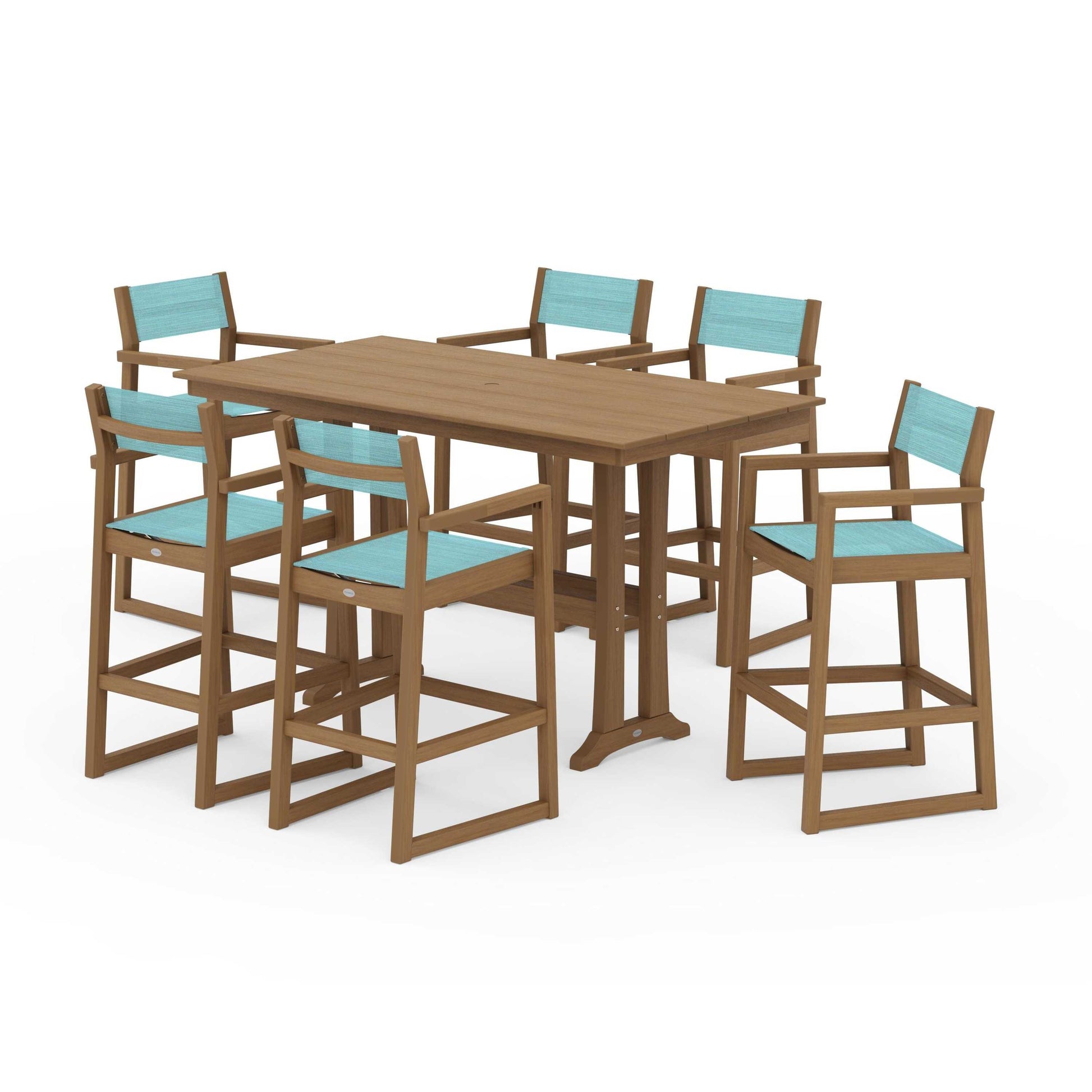 POLYWOOD EDGE Sling Arm Chair 7-Piece Farmhouse Bar Set with Trestle Legs — Natural / Dupioni Aquamarine Sling