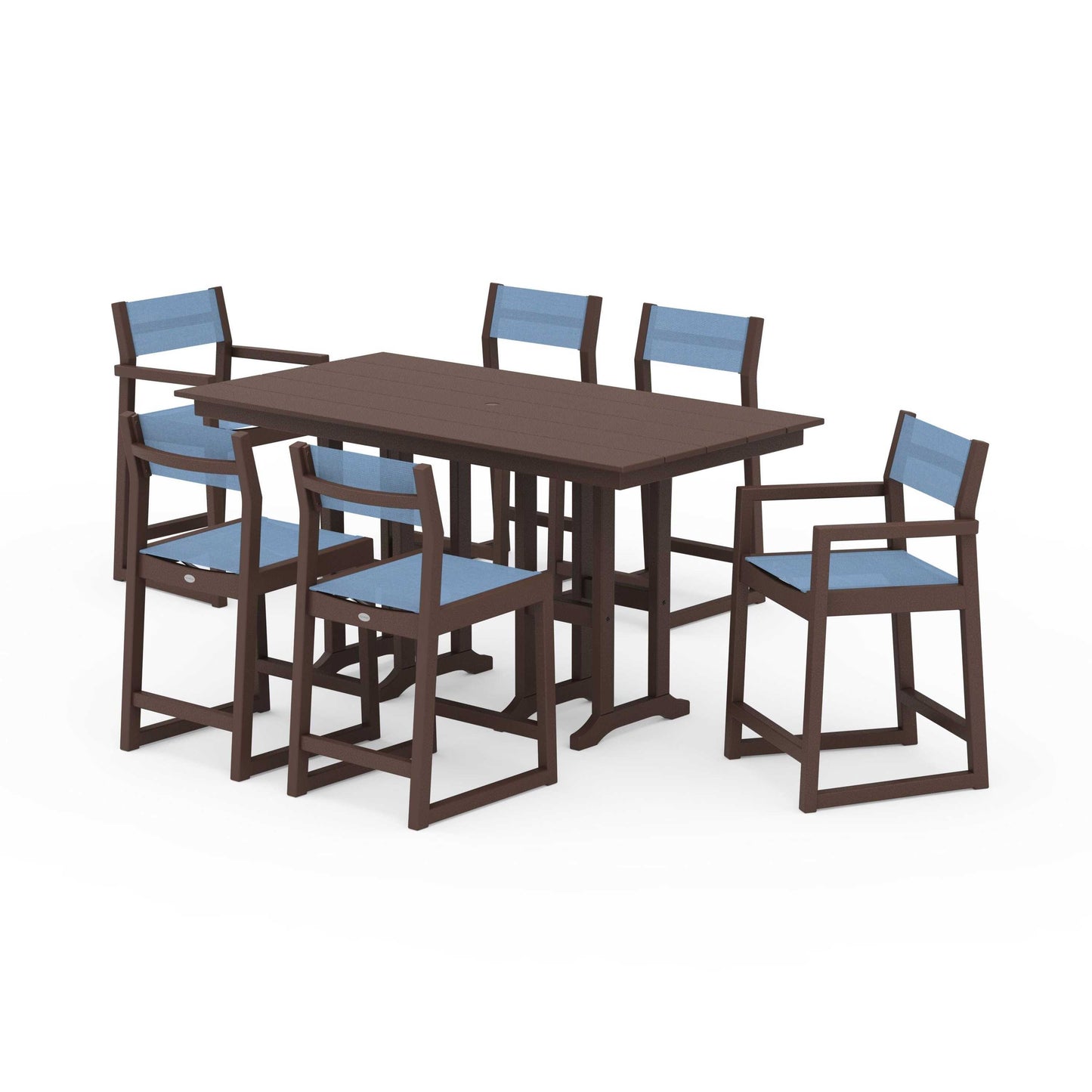 POLYWOOD EDGE Sling 7-Piece Farmhouse Counter Set with Trestle Legs — Mahogany / Poolside Sling