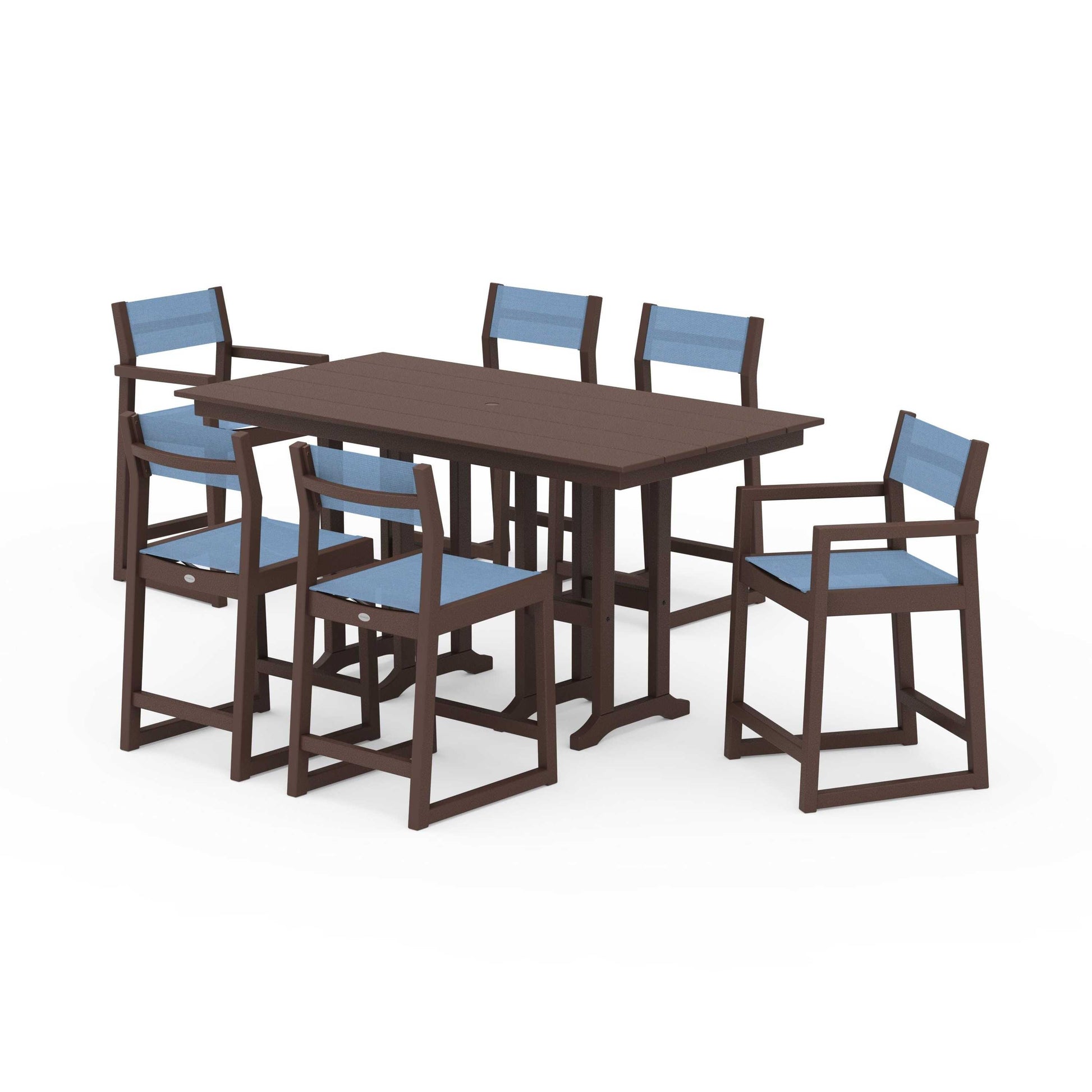 POLYWOOD EDGE Sling 7-Piece Farmhouse Counter Set with Trestle Legs — Mahogany / Poolside Sling