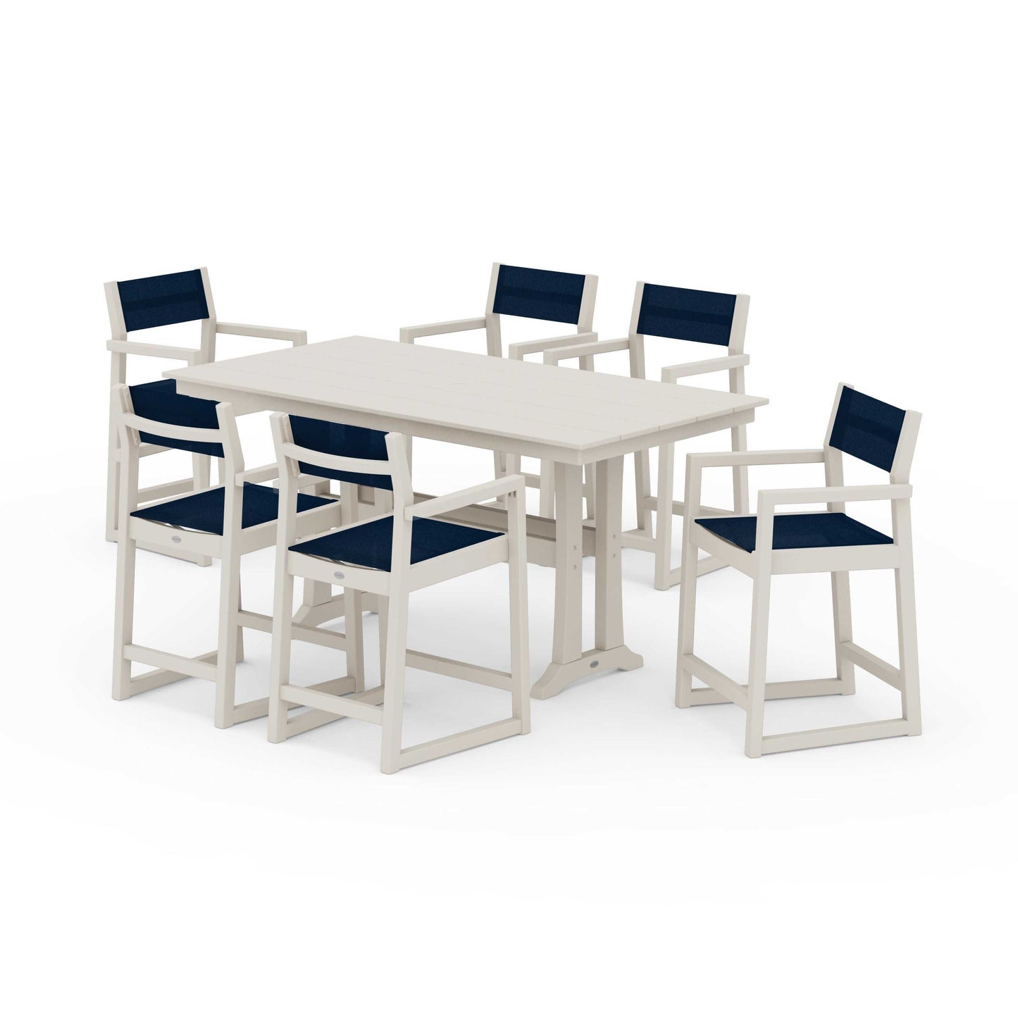 POLYWOOD EDGE Sling Arm Chair 7-Piece Farmhouse Counter Set with Trestle Legs — Sand / Navy Blue Sling