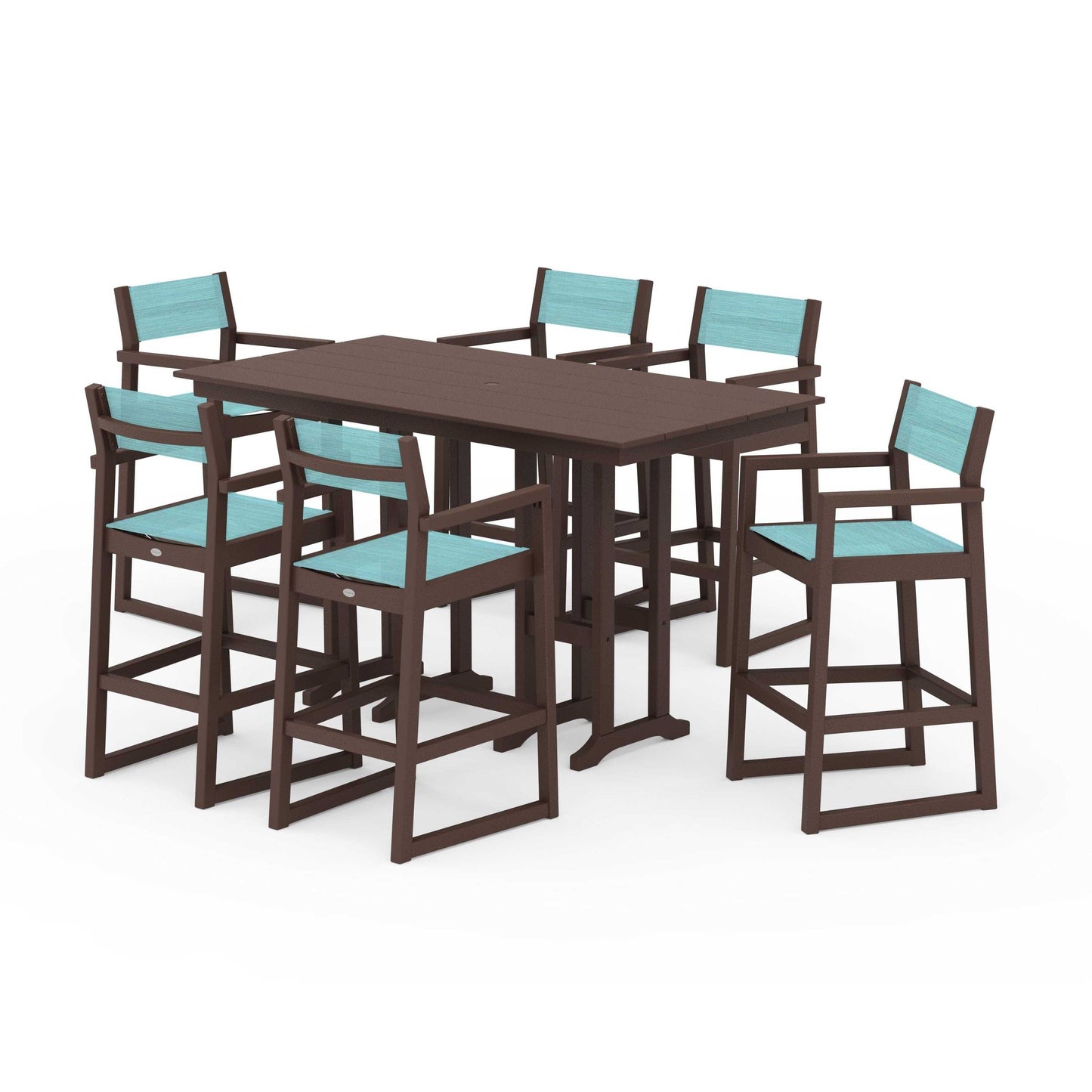 POLYWOOD EDGE Sling Arm Chair 7-Piece Farmhouse Bar Set — Mahogany / Dupioni Aquamarine Sling