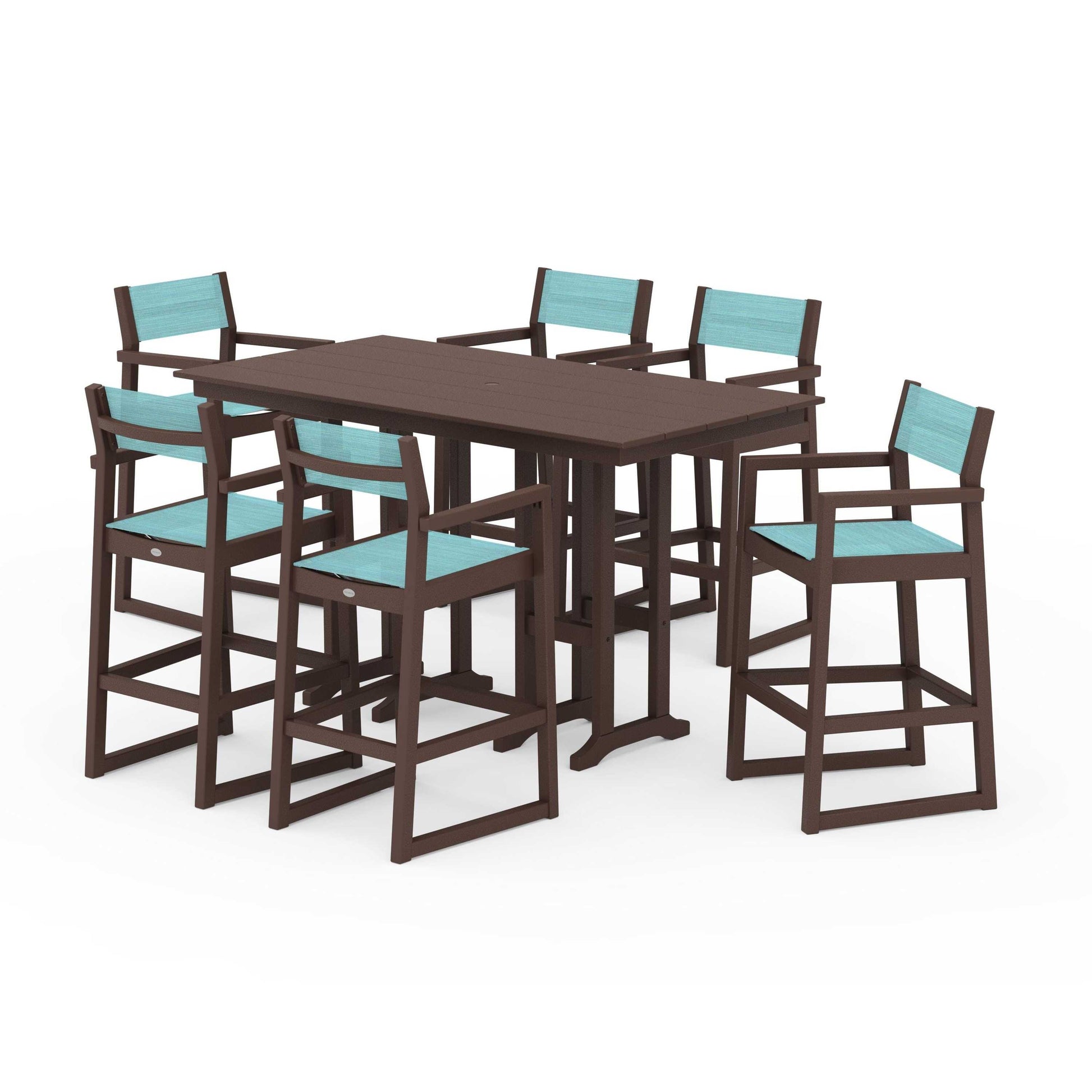 POLYWOOD EDGE Sling Arm Chair 7-Piece Farmhouse Bar Set — Mahogany / Dupioni Aquamarine Sling