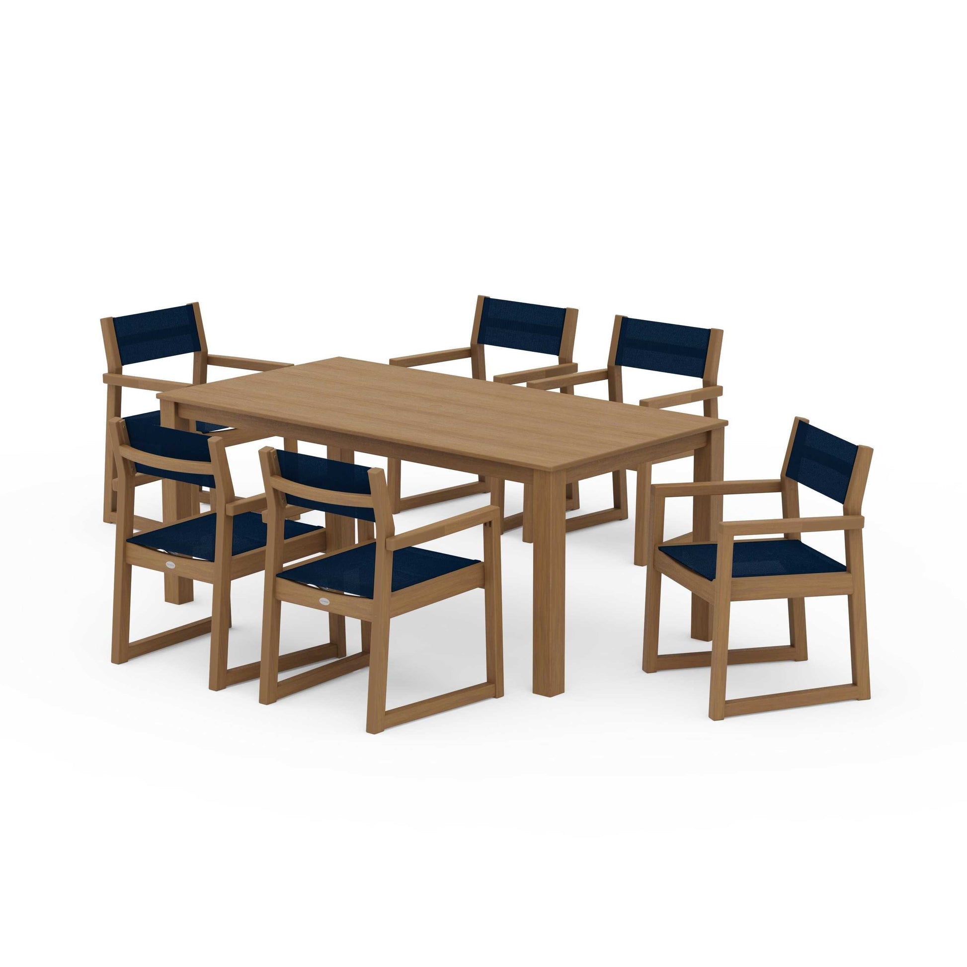 POLYWOOD EDGE Sling Arm Chair 7-Piece Parsons Dining Set — Natural / Navy Blue Sling