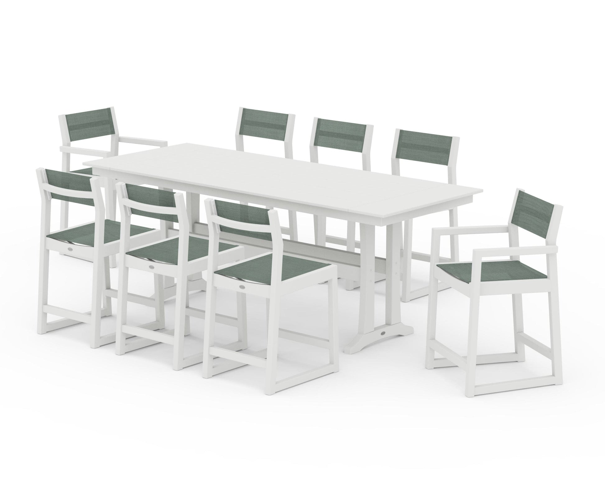 POLYWOOD EDGE Sling 9-Piece Farmhouse Counter Set with Trestle Legs — Vintage White / Dupioni Sea Mist Sling