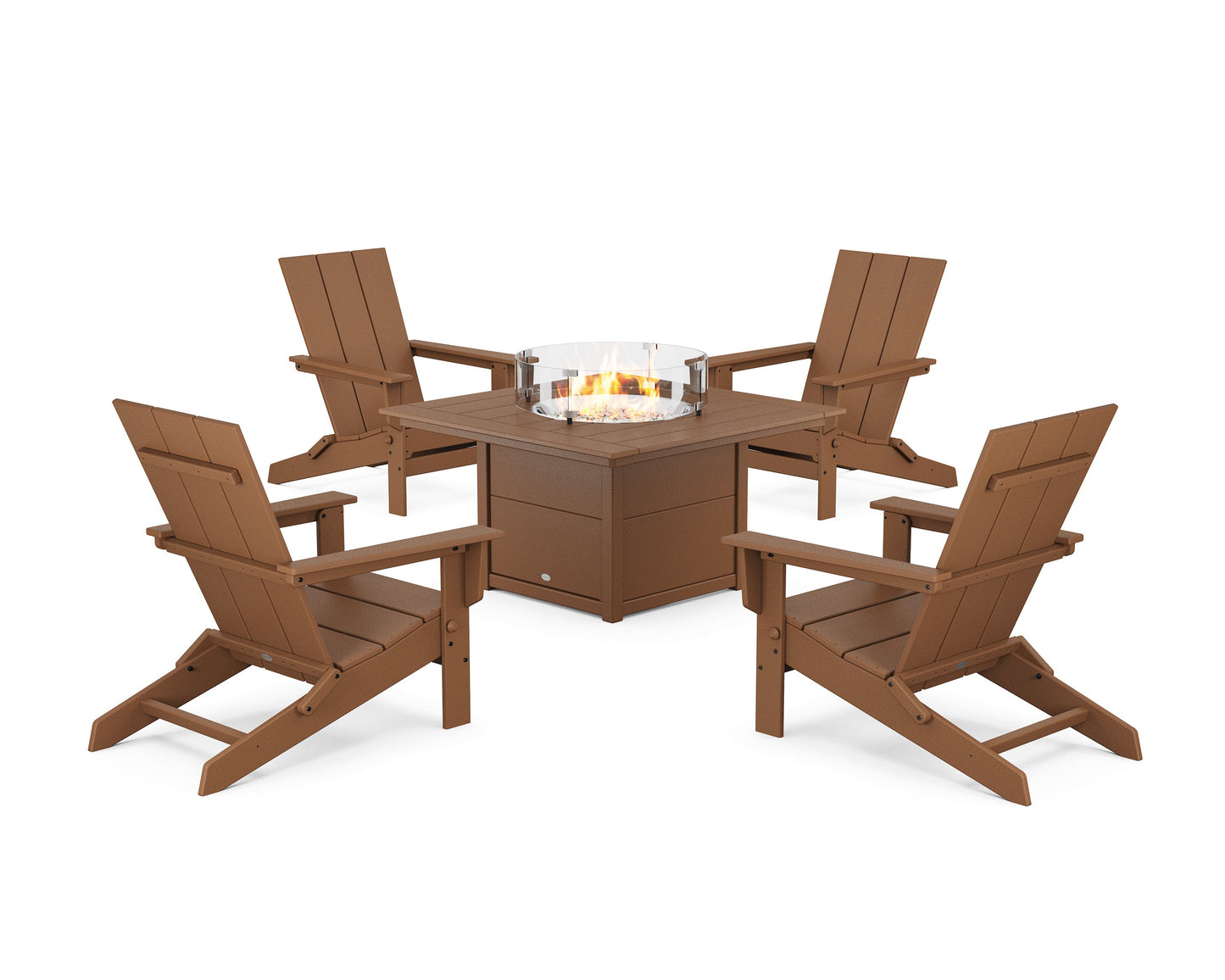 POLYWOOD 5-Piece Modern Studio Folding Adirondack Conversation Set with Fire Pit Table — Teak