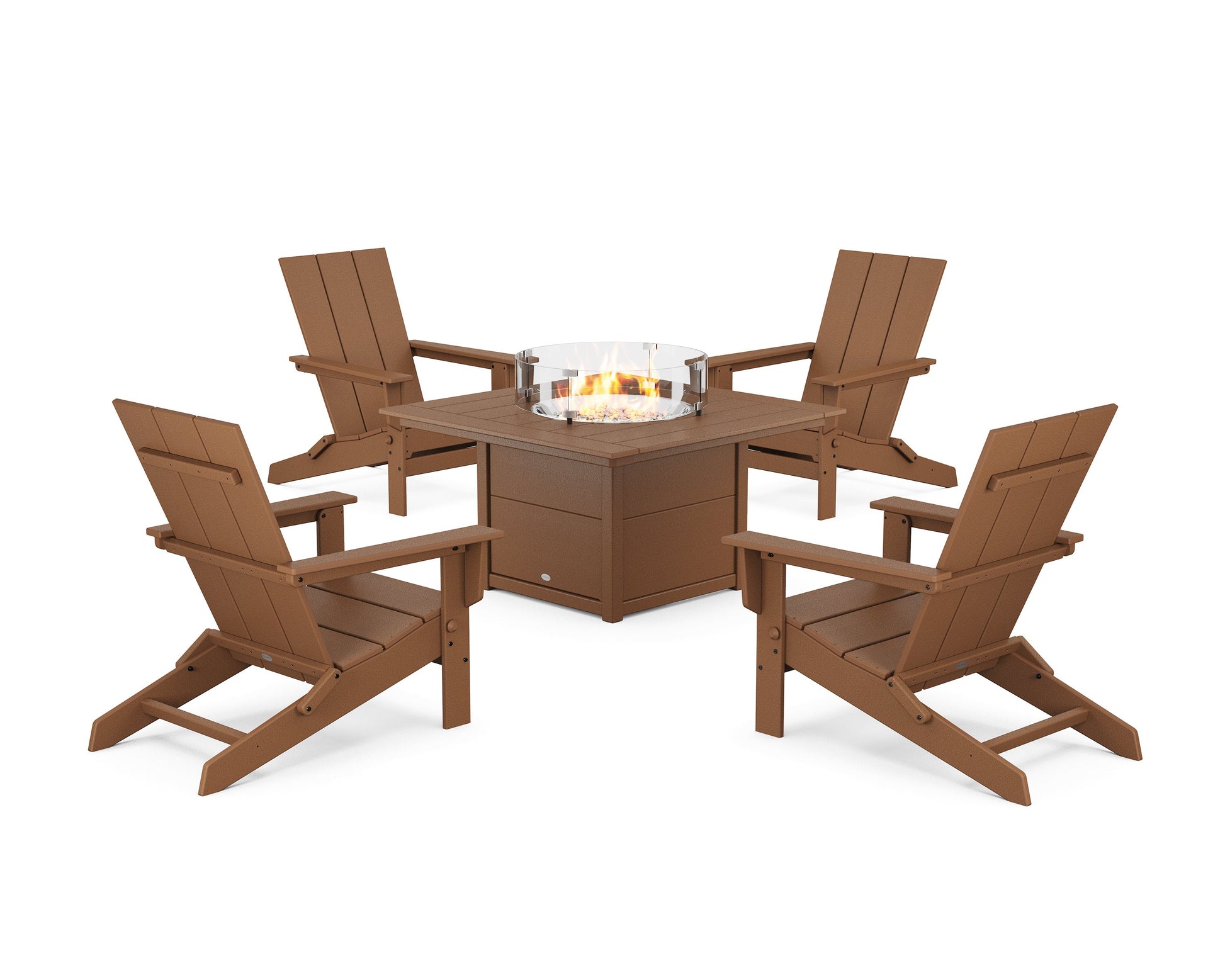POLYWOOD 5-Piece Modern Studio Folding Adirondack Conversation Set with Fire Pit Table — Teak