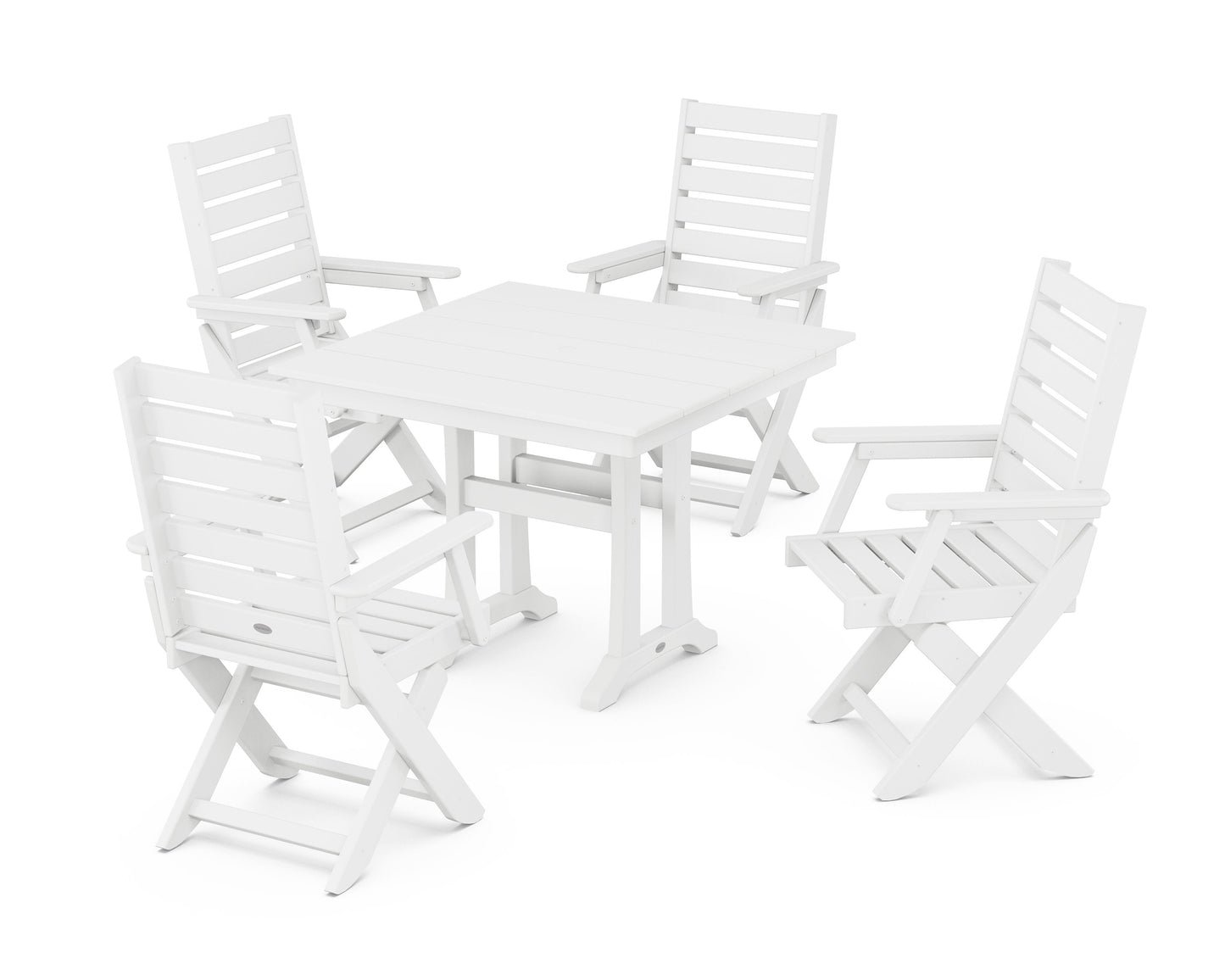 POLYWOOD Captain Folding Chair 5-Piece Farmhouse Dining Set With Trestle Legs — White
