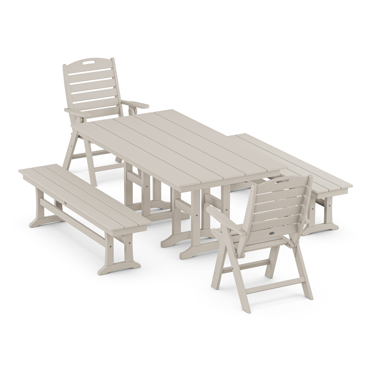 POLYWOOD Nautical Highback 5-Piece Farmhouse Dining Set with Benches — Sand