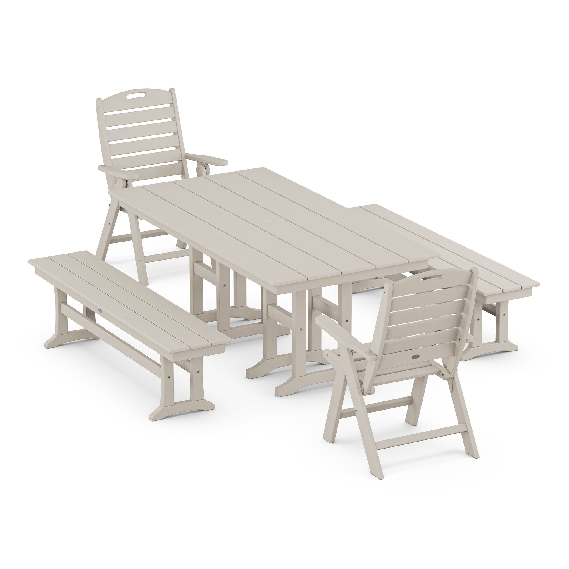 POLYWOOD Nautical Highback 5-Piece Farmhouse Dining Set with Benches — Sand
