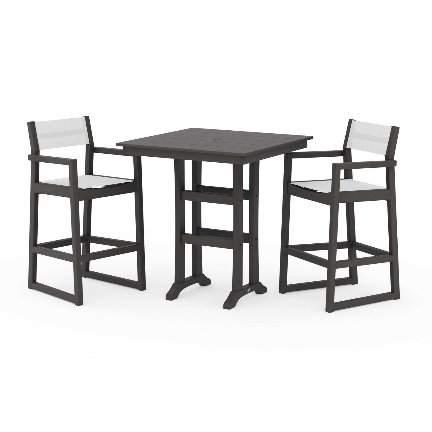 POLYWOOD EDGE Sling Arm Chair 3-Piece Farmhouse Bar Set with Trestle Legs — Vintage Coffee / White Sling