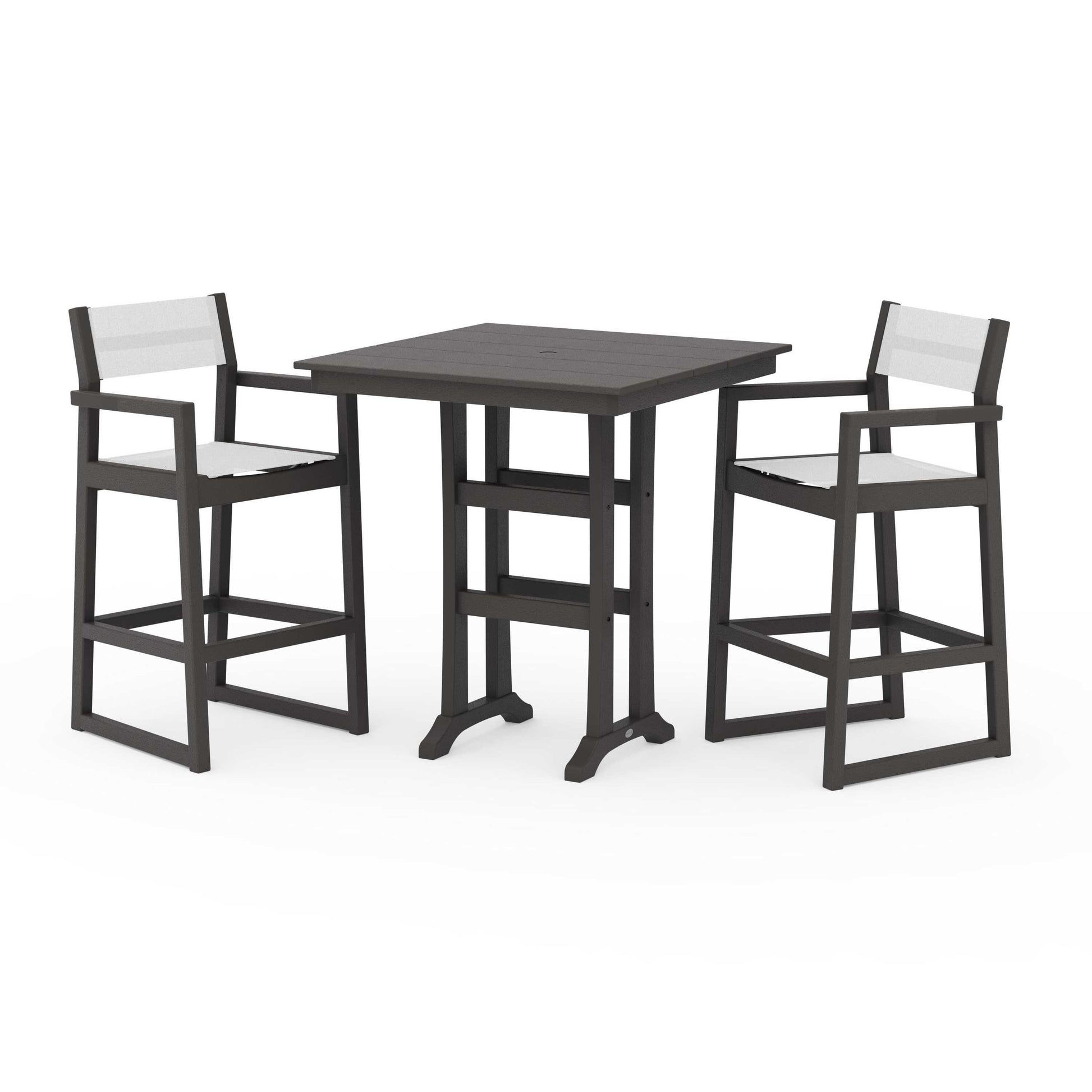 POLYWOOD EDGE Sling Arm Chair 3-Piece Farmhouse Bar Set with Trestle Legs — Vintage Coffee / White Sling