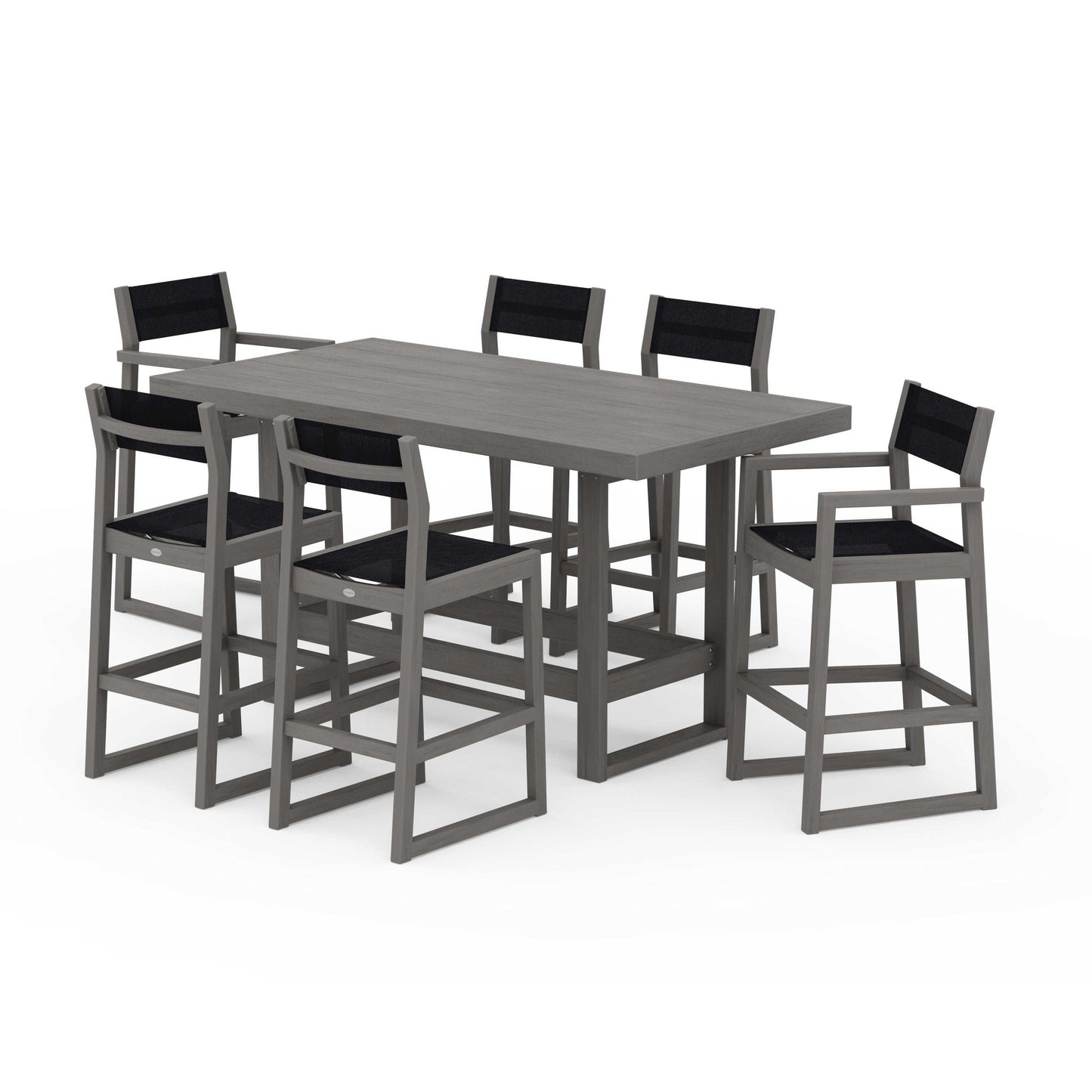 POLYWOOD EDGE Sling 7-Piece Bar Table Set — Driftwood / Black Sling