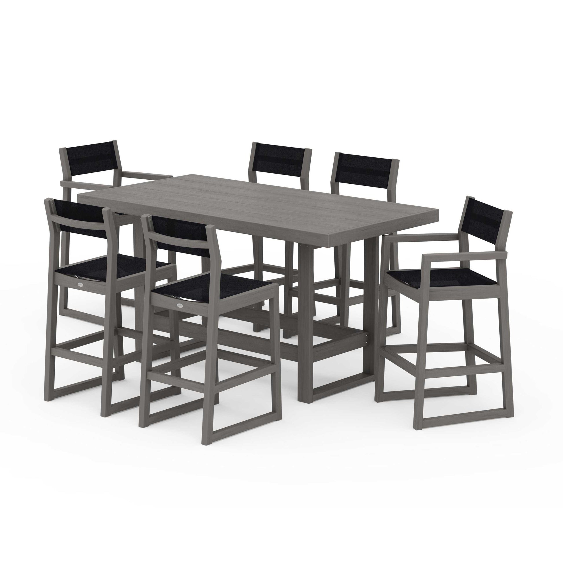 POLYWOOD EDGE Sling 7-Piece Bar Table Set — Driftwood / Black Sling