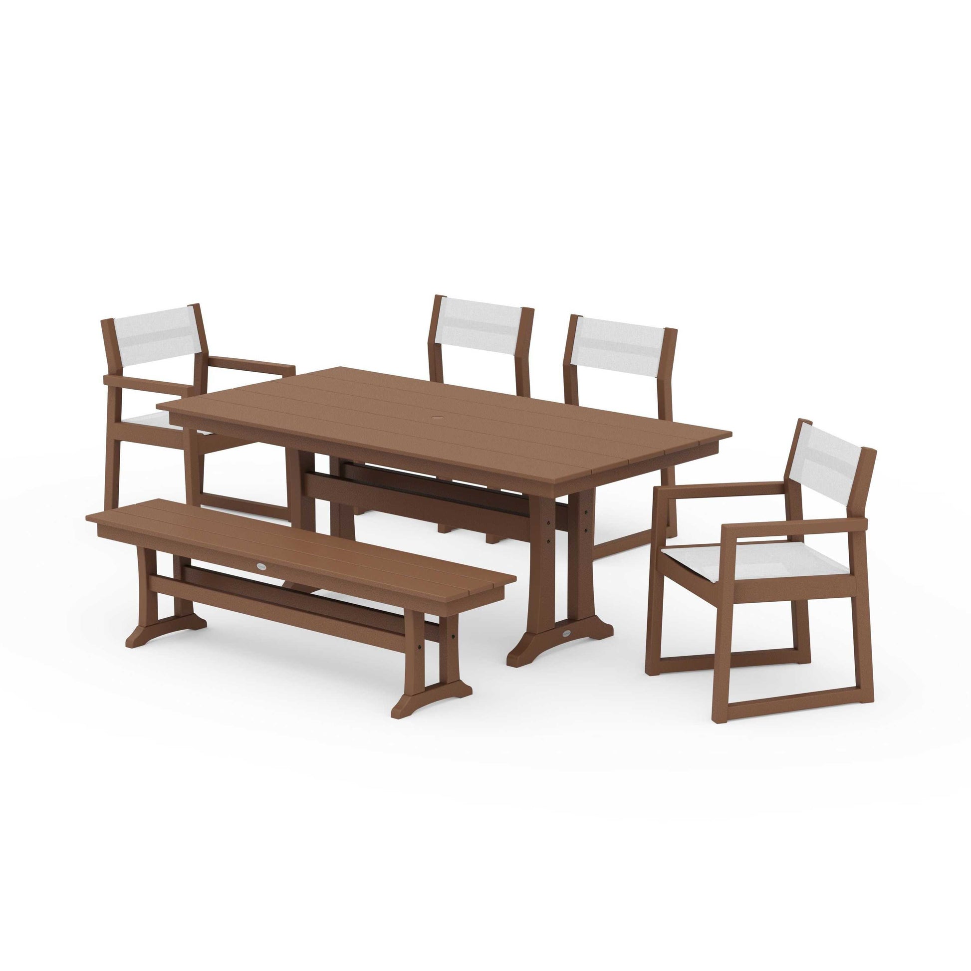 POLYWOOD EDGE Sling 6-Piece Farmhouse Dining Set With Trestle Legs — Teak / White Sling