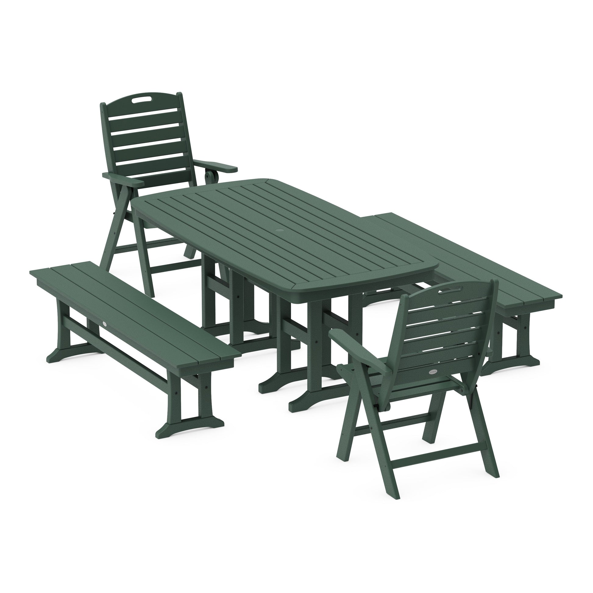 POLYWOOD Nautical Highback 5-Piece Dining Set with Benches — Green