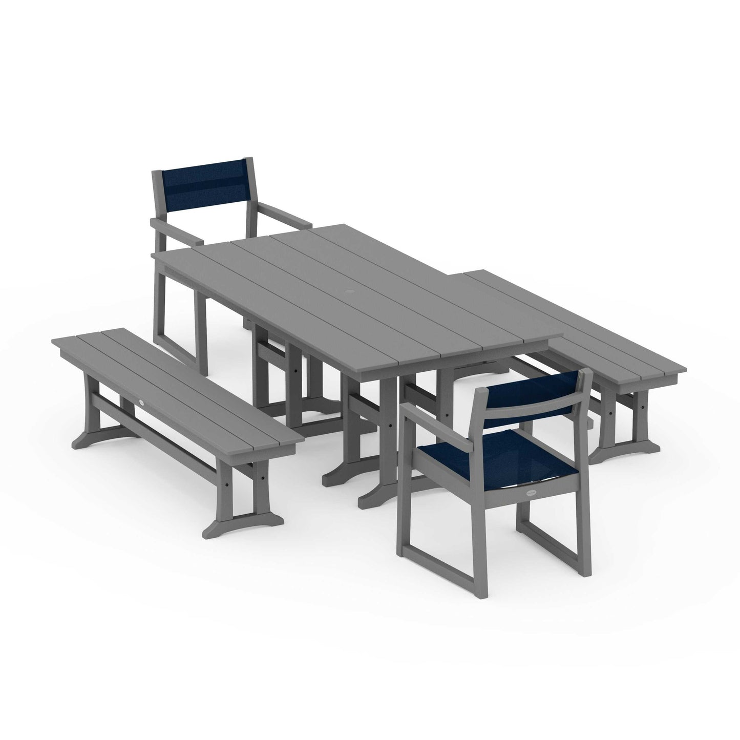 POLYWOOD EDGE Sling Arm Chair 5-Piece Farmhouse Dining Set with Benches — Slate Grey / Navy Blue Sling
