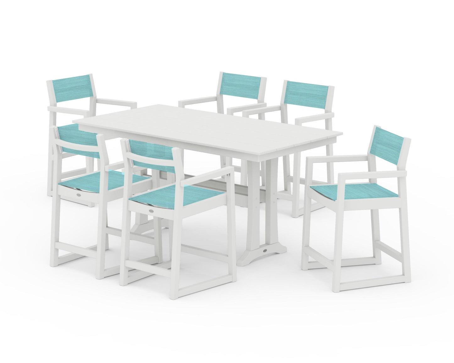 POLYWOOD EDGE Sling Arm Chair 7-Piece Farmhouse Counter Set with Trestle Legs — Vintage White / Dupioni Aquamarine Sling