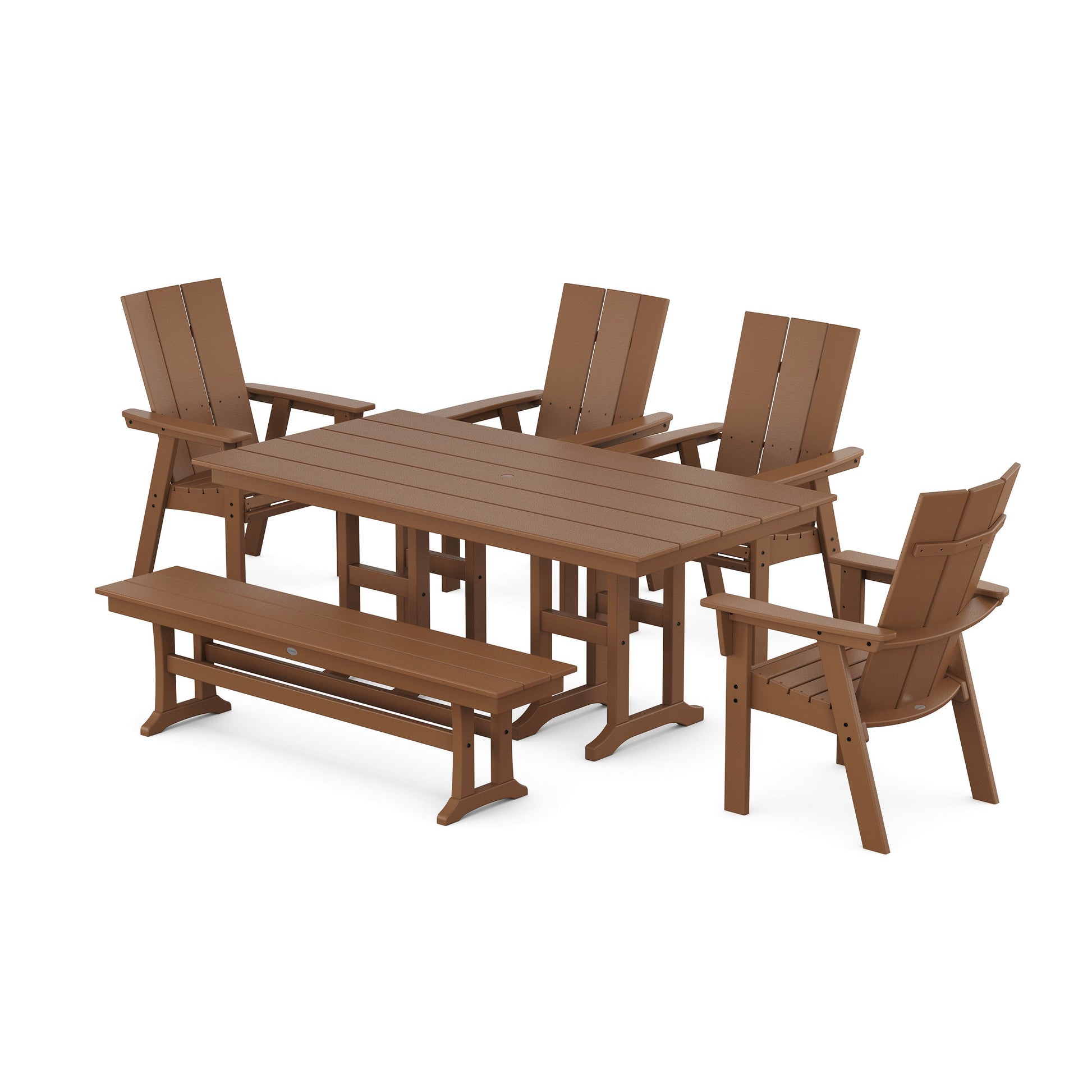 POLYWOOD Modern Curveback Adirondack 6-Piece Farmhouse Dining Set with Bench — Teak