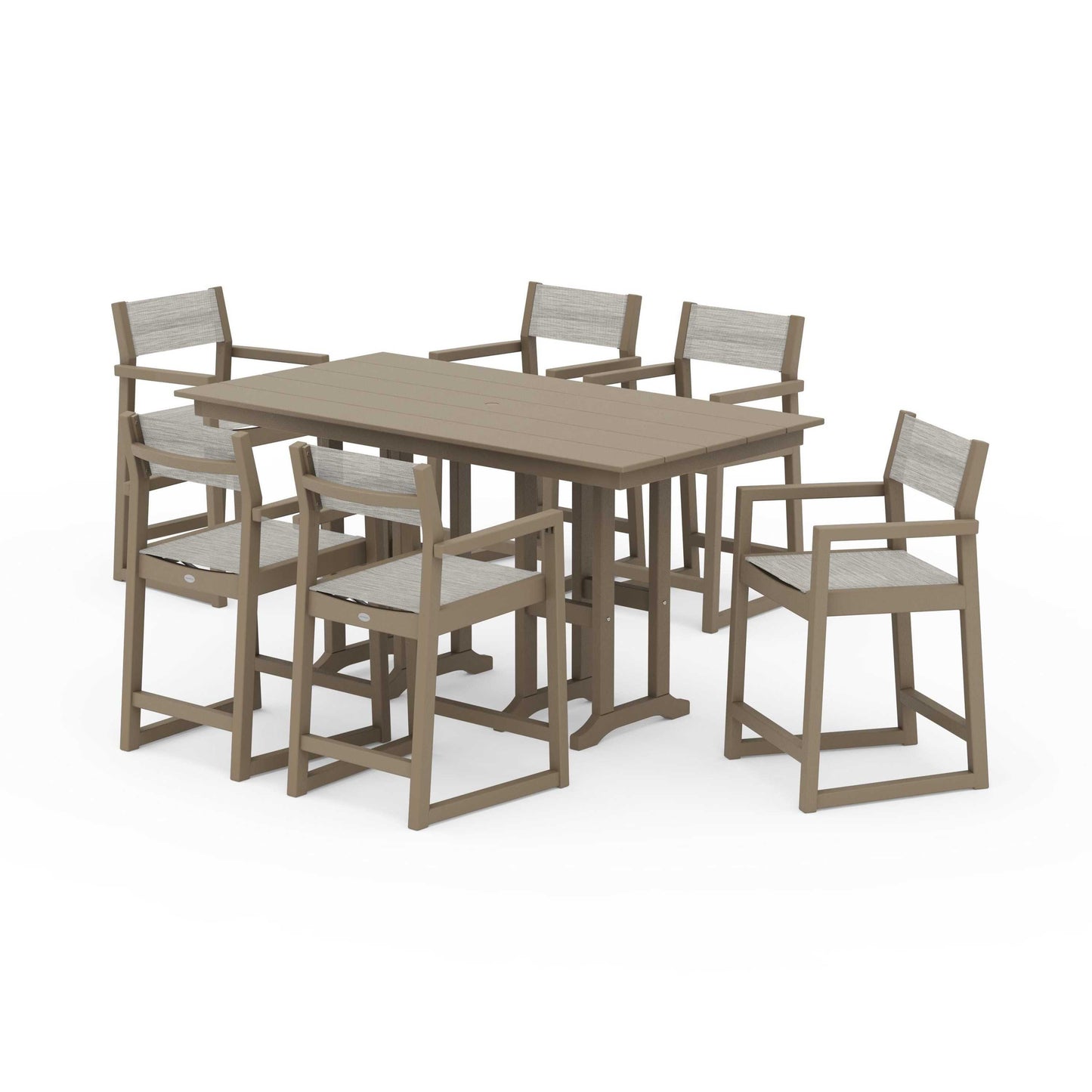 POLYWOOD EDGE Sling Arm Chair 7-Piece Farmhouse Counter Set — Vintage Sahara / Birch Sling