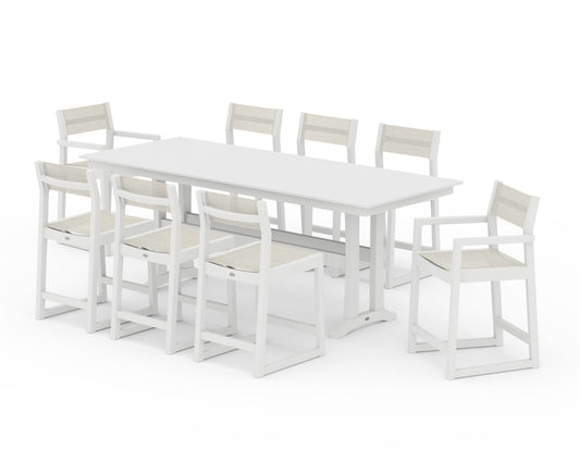 POLYWOOD EDGE Sling 9-Piece Farmhouse Counter Set with Trestle Legs — White / Parchment Sling