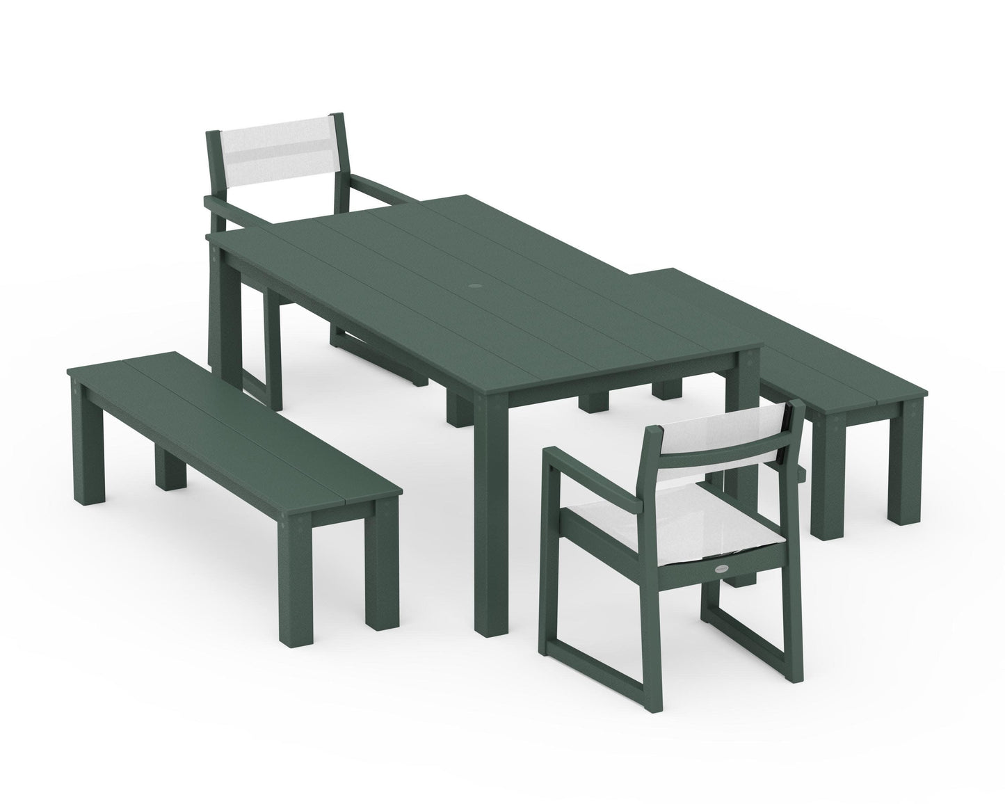 POLYWOOD EDGE Sling Arm Chair 5-Piece Parsons Dining Set with Benches — Green / White Sling