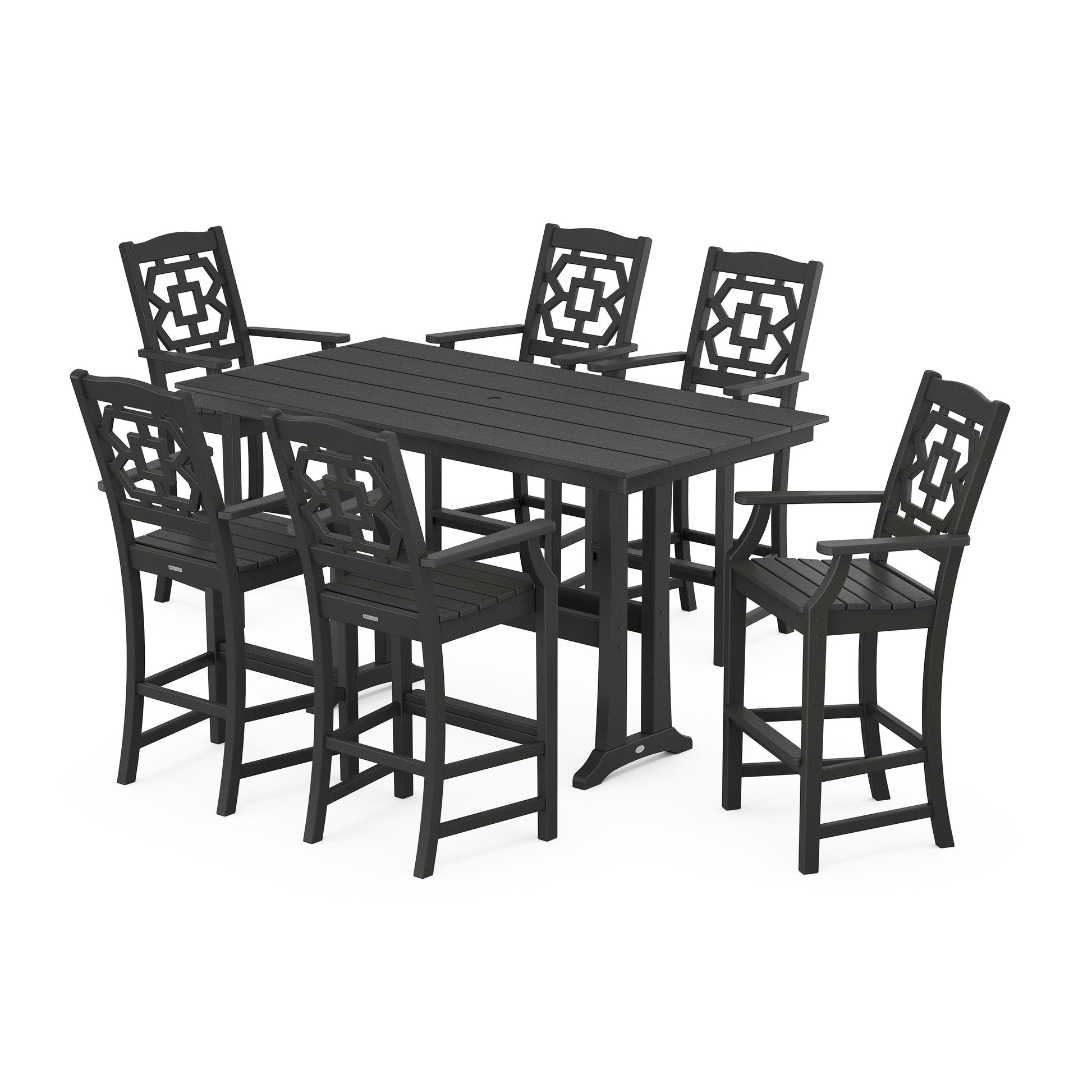 POLYWOOD Chinoiserie Arm Chair 7-Piece Farmhouse Bar Set with Trestle Legs — Black