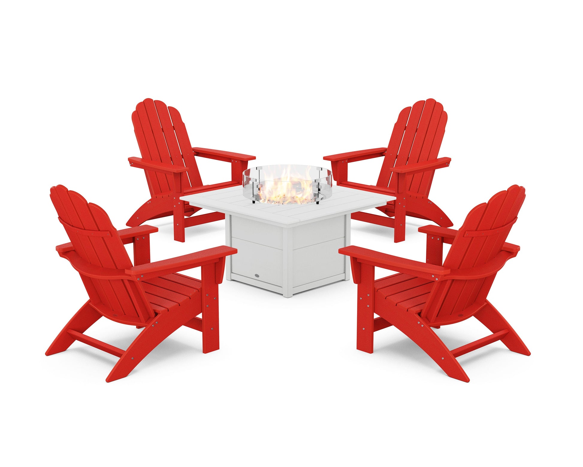 POLYWOOD 5-Piece Vineyard Grand Adirondack Conversation Set with Fire Pit Table — Sunset Red / White