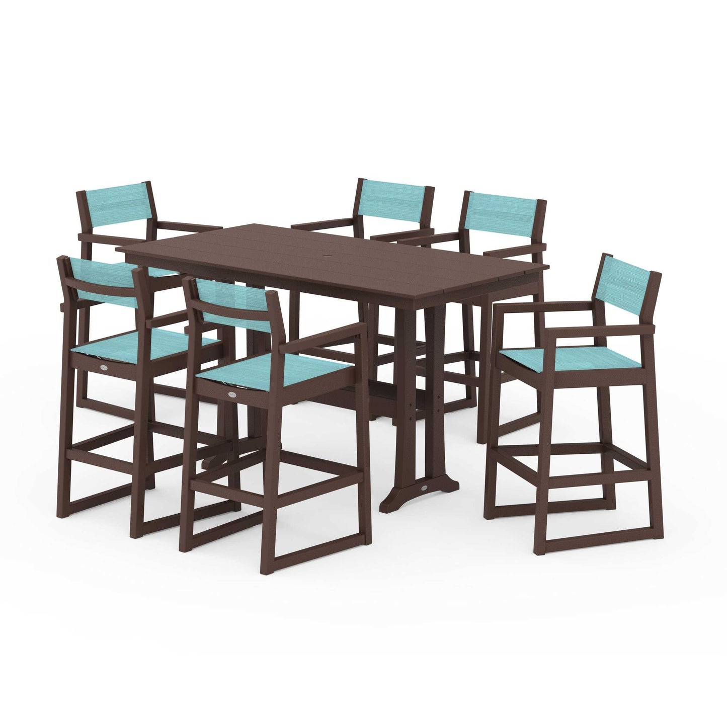 POLYWOOD EDGE Sling Arm Chair 7-Piece Farmhouse Bar Set with Trestle Legs — Mahogany / Dupioni Aquamarine Sling