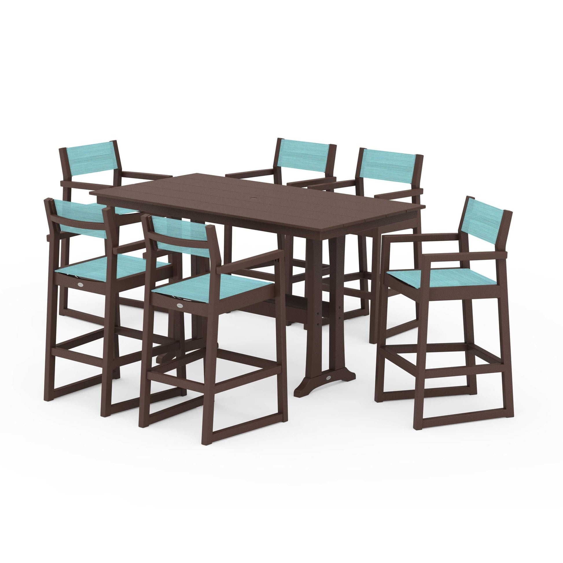 POLYWOOD EDGE Sling Arm Chair 7-Piece Farmhouse Bar Set with Trestle Legs — Mahogany / Dupioni Aquamarine Sling