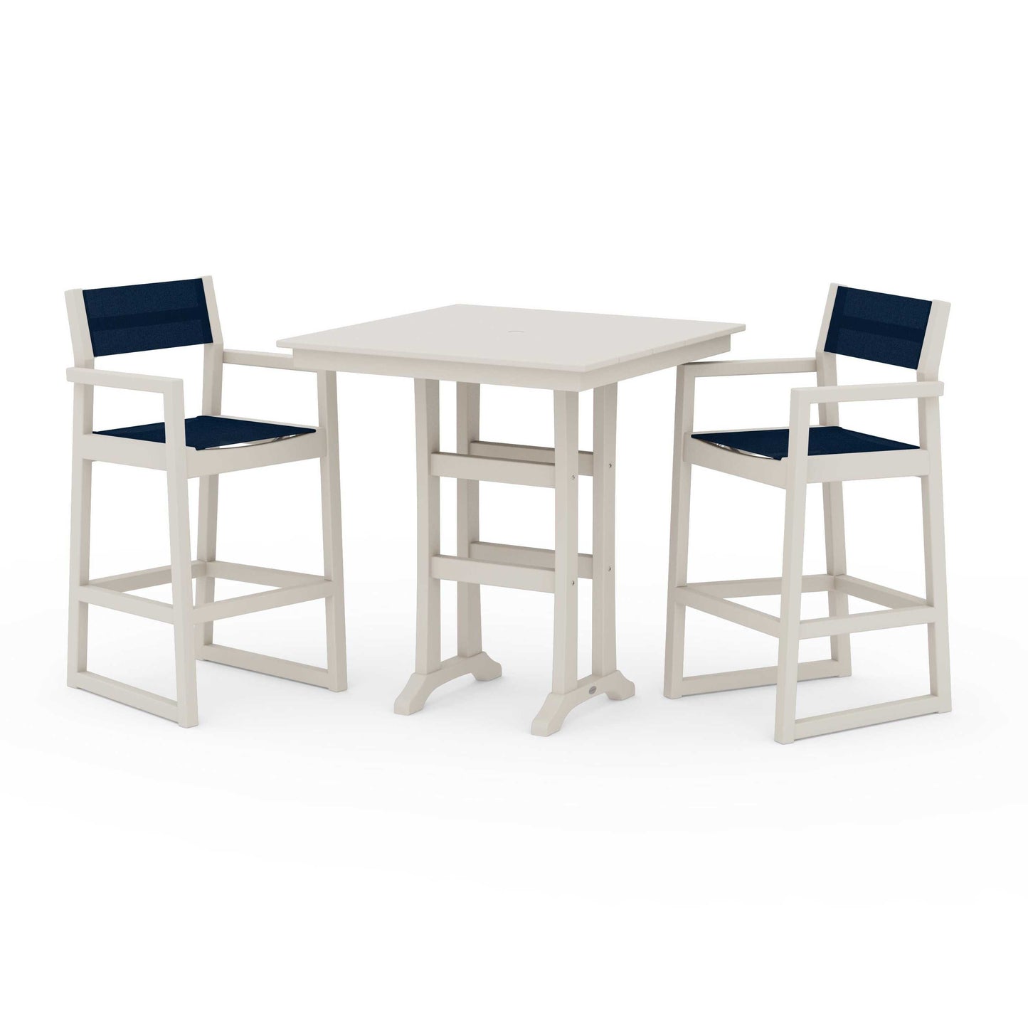 POLYWOOD EDGE Sling Arm Chair 3-Piece Farmhouse Bar Set with Trestle Legs — Sand / Navy Blue Sling