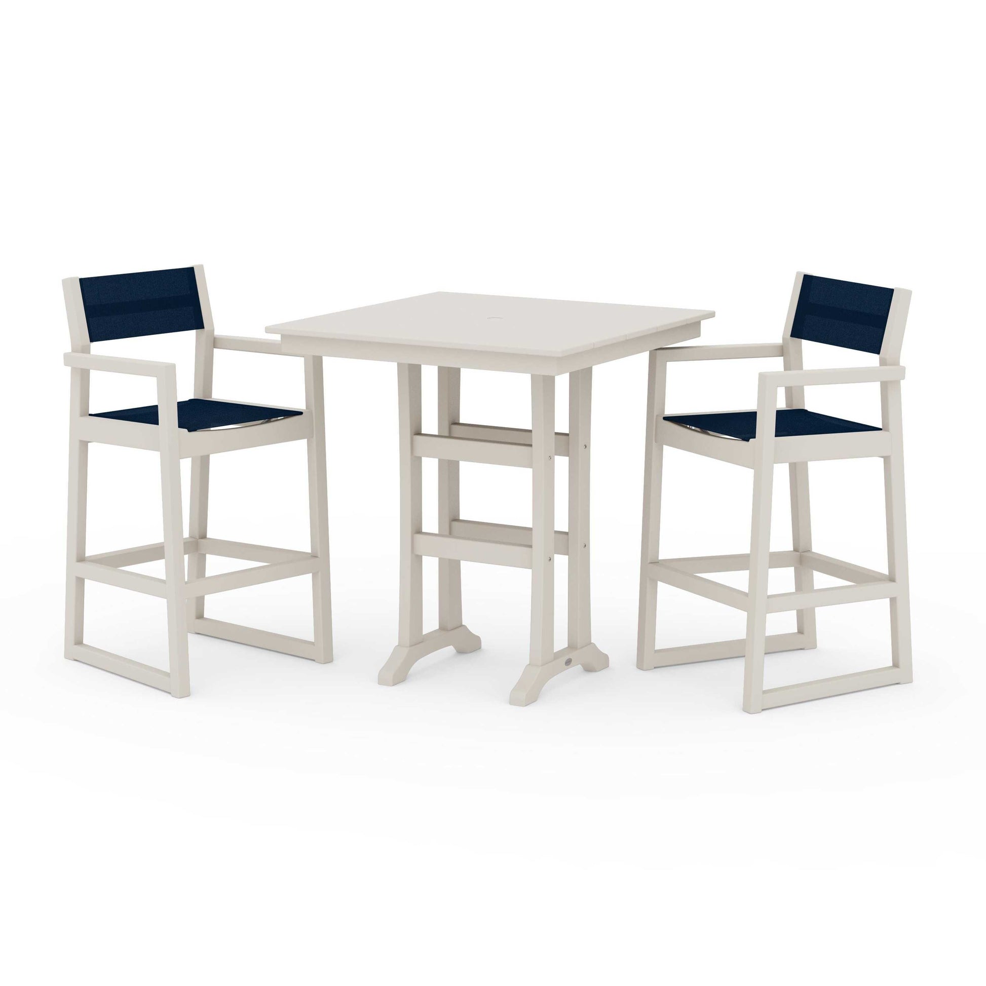 POLYWOOD EDGE Sling Arm Chair 3-Piece Farmhouse Bar Set with Trestle Legs — Sand / Navy Blue Sling