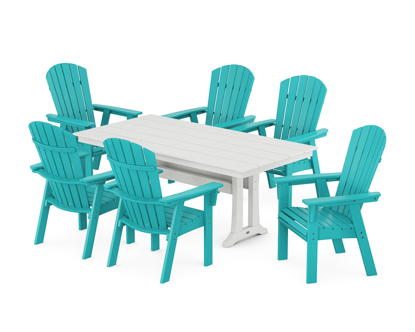 POLYWOOD Nautical Curveback Adirondack 7-Piece Farmhouse Dining Set with Trestle Legs — Aruba / White