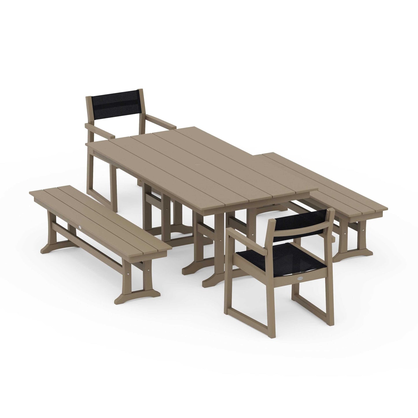 POLYWOOD EDGE Sling Arm Chair 5-Piece Farmhouse Dining Set with Benches — Vintage Sahara / Black Sling