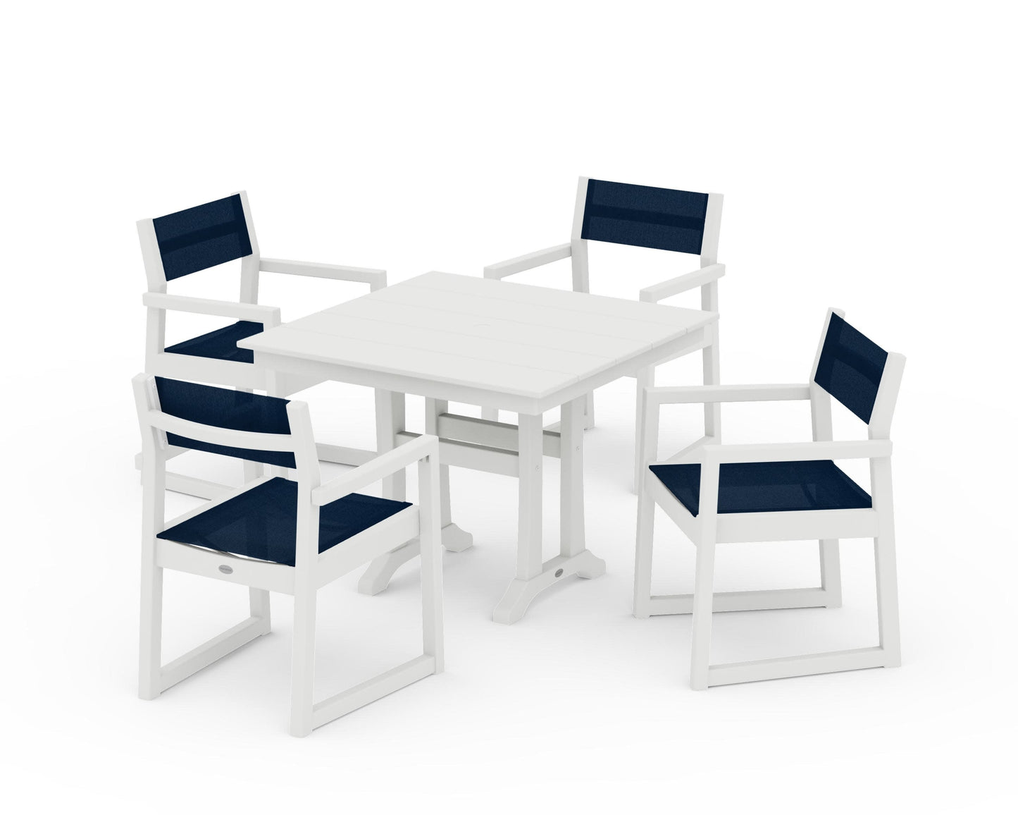 POLYWOOD EDGE Sling 5-Piece Farmhouse Dining Set with Trestle Legs — Vintage White / Navy Blue Sling