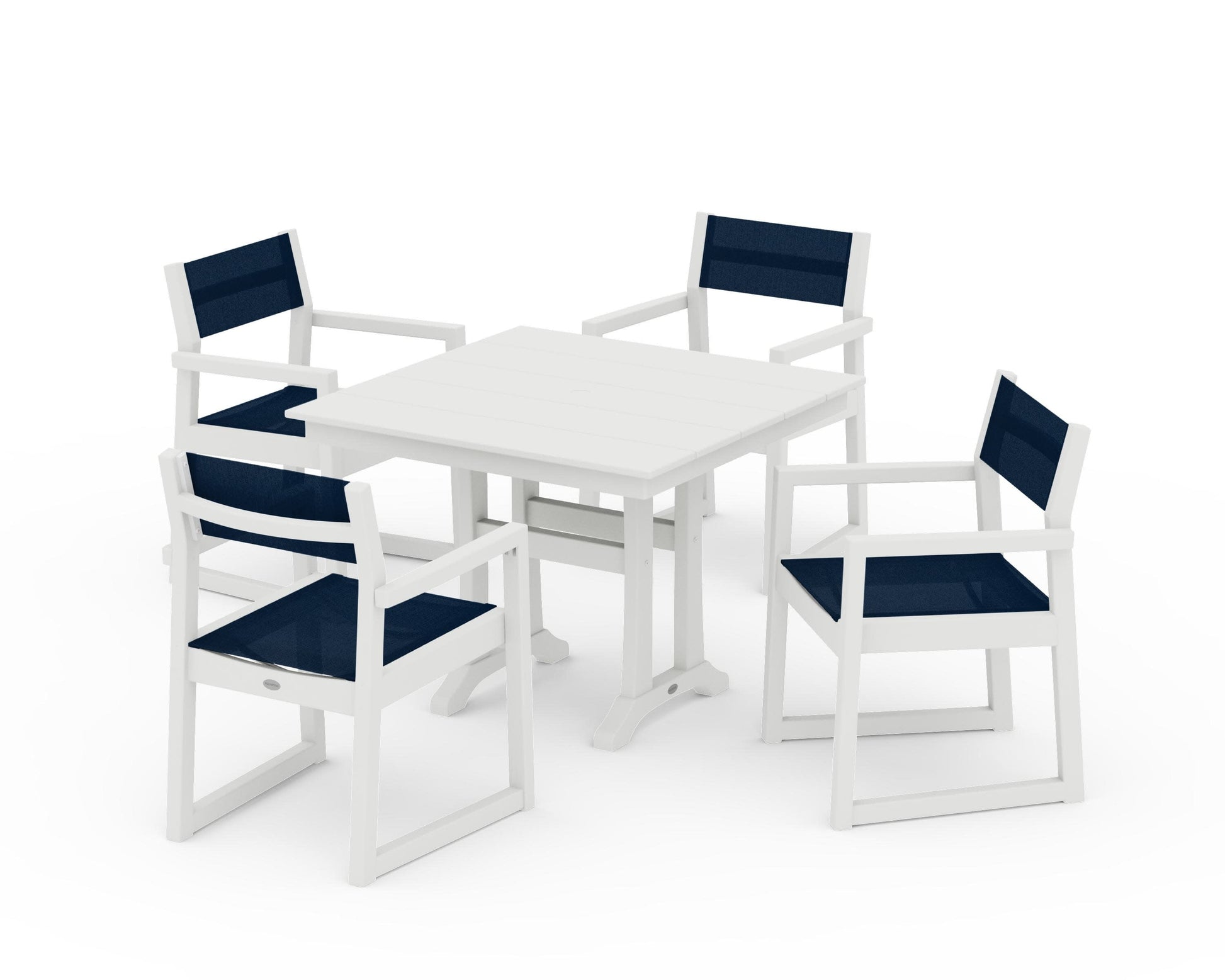 POLYWOOD EDGE Sling 5-Piece Farmhouse Dining Set with Trestle Legs — Vintage White / Navy Blue Sling