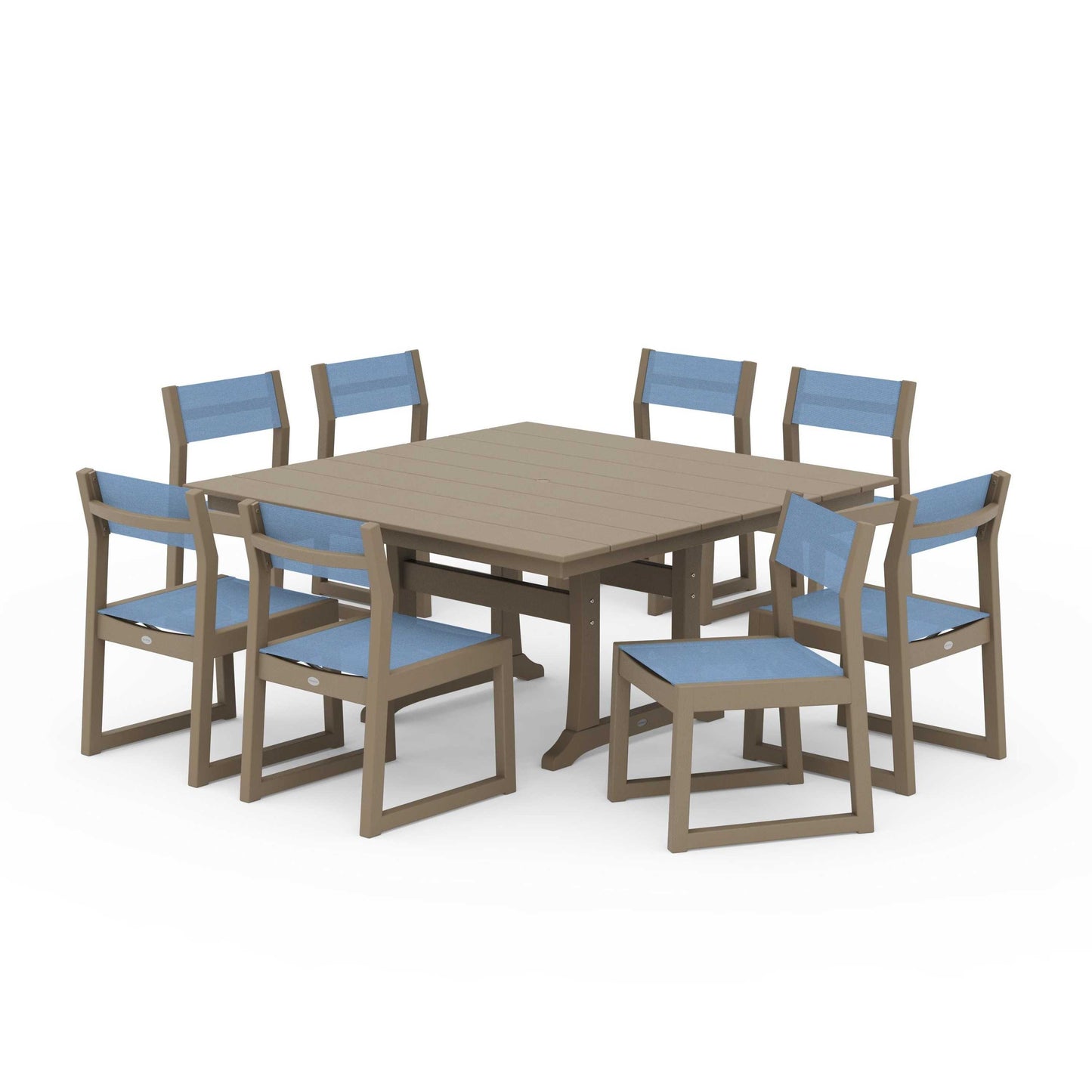 POLYWOOD EDGE Sling Side Chair 9-Piece Farmhouse Trestle Dining Set — Vintage Sahara / Poolside Sling