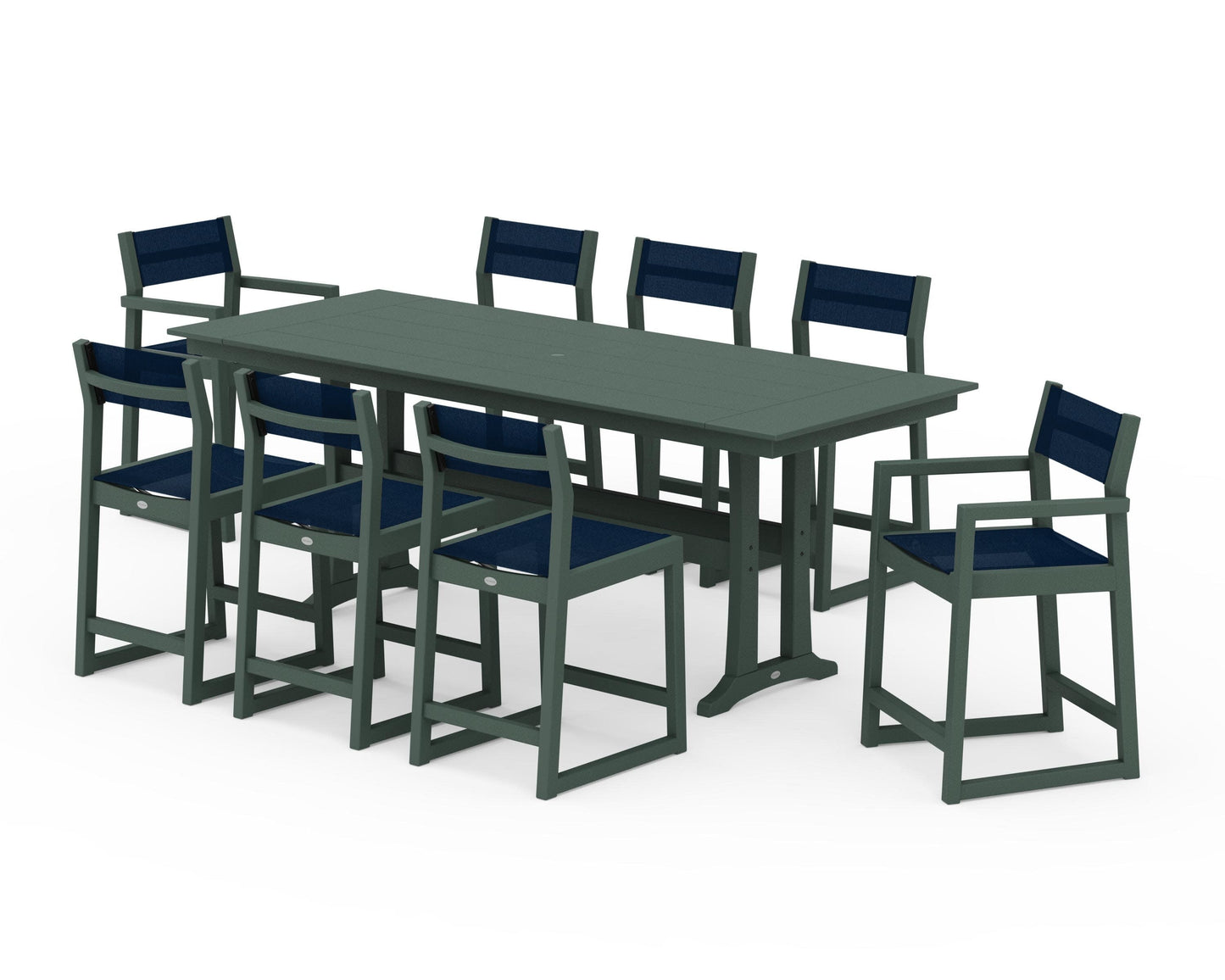 POLYWOOD EDGE Sling 9-Piece Farmhouse Counter Set with Trestle Legs — Green / Navy Blue Sling