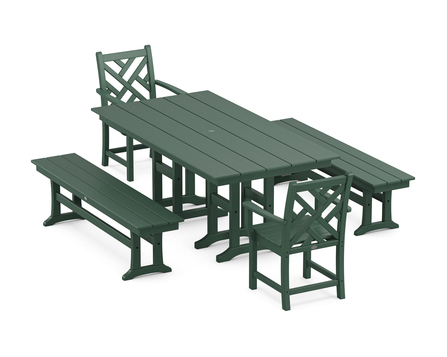 POLYWOOD Chippendale 5-Piece Farmhouse Dining Set with Benches — Green