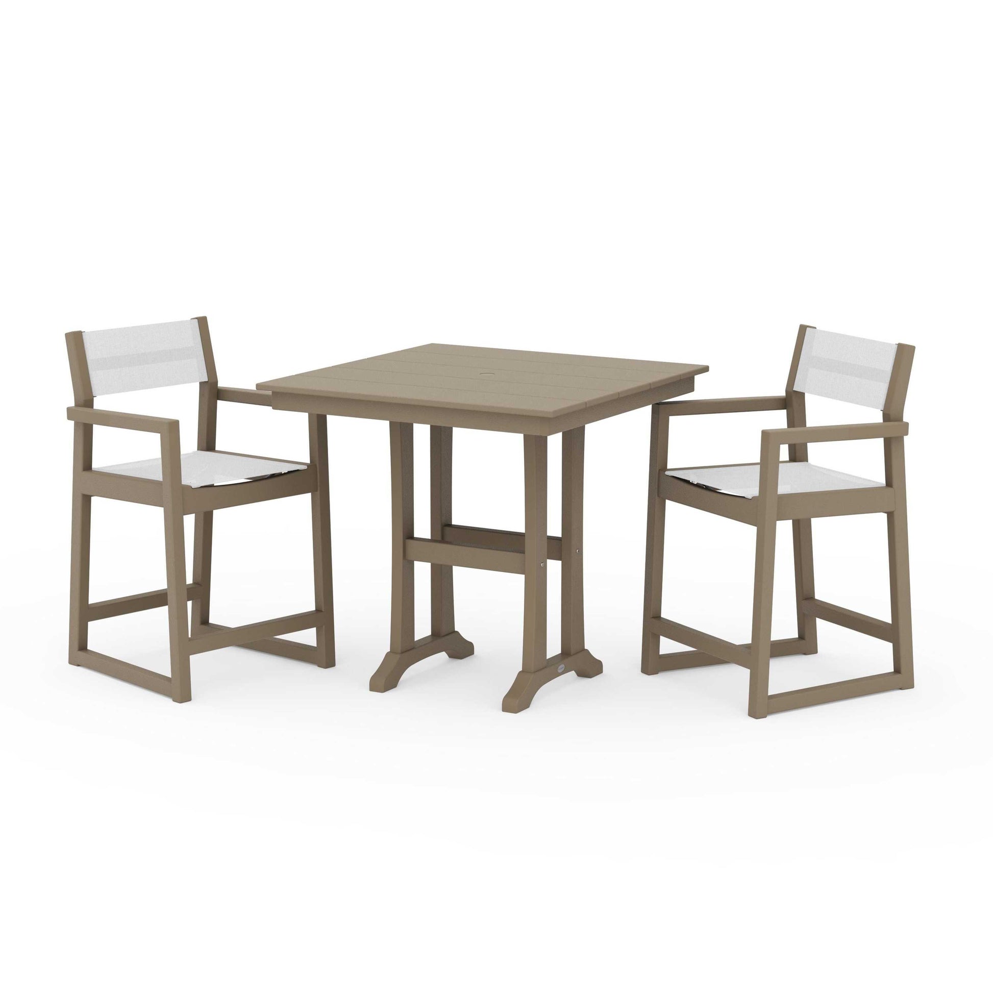 POLYWOOD EDGE Sling Arm Chair 3-Piece Farmhouse Counter Set with Trestle Legs — Vintage Sahara / White Sling
