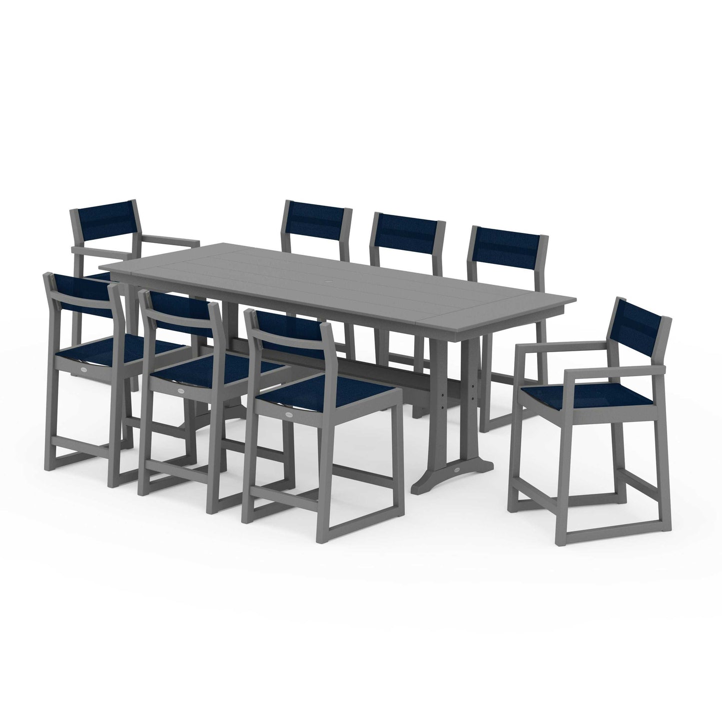 POLYWOOD EDGE Sling 9-Piece Farmhouse Counter Set with Trestle Legs — Slate Grey / Navy Blue Sling